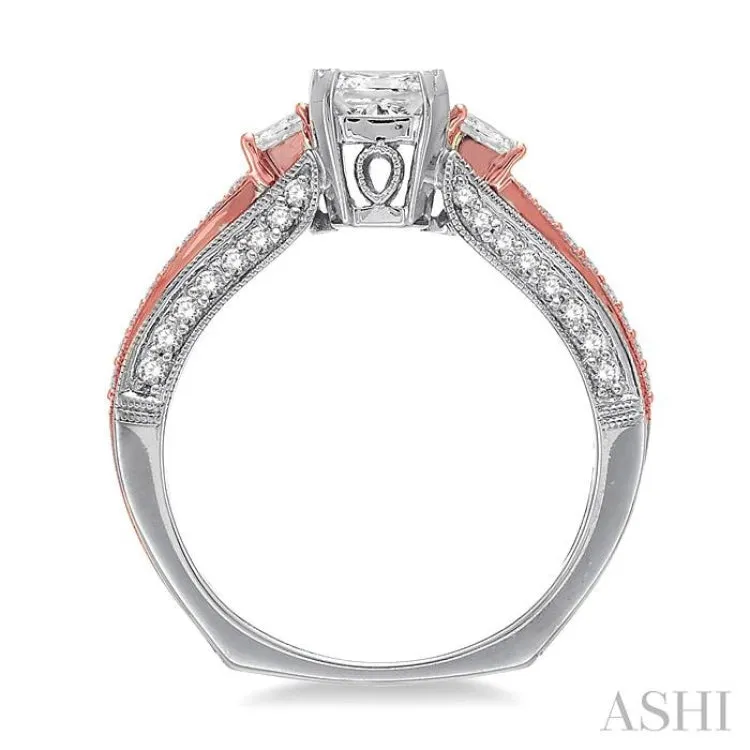 1 Ctw Diamond Engagement Ring with 1/2 Ct Princess Cut Center Stone in 14K White and Rose Gold