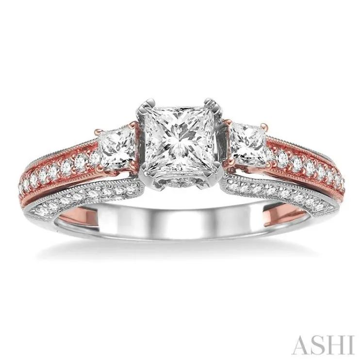 1 Ctw Diamond Engagement Ring with 1/2 Ct Princess Cut Center Stone in 14K White and Rose Gold