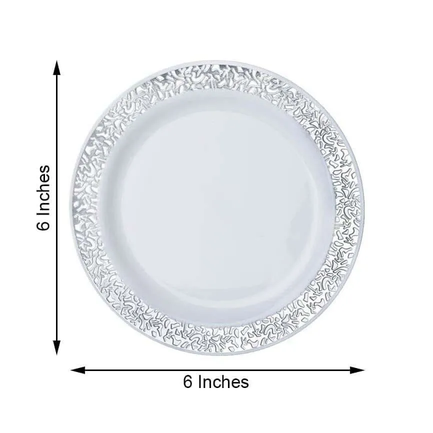 10 Pack 6" Silver Lace Rim White Disposable Salad Plates, Plastic Dessert Appetizer Plates