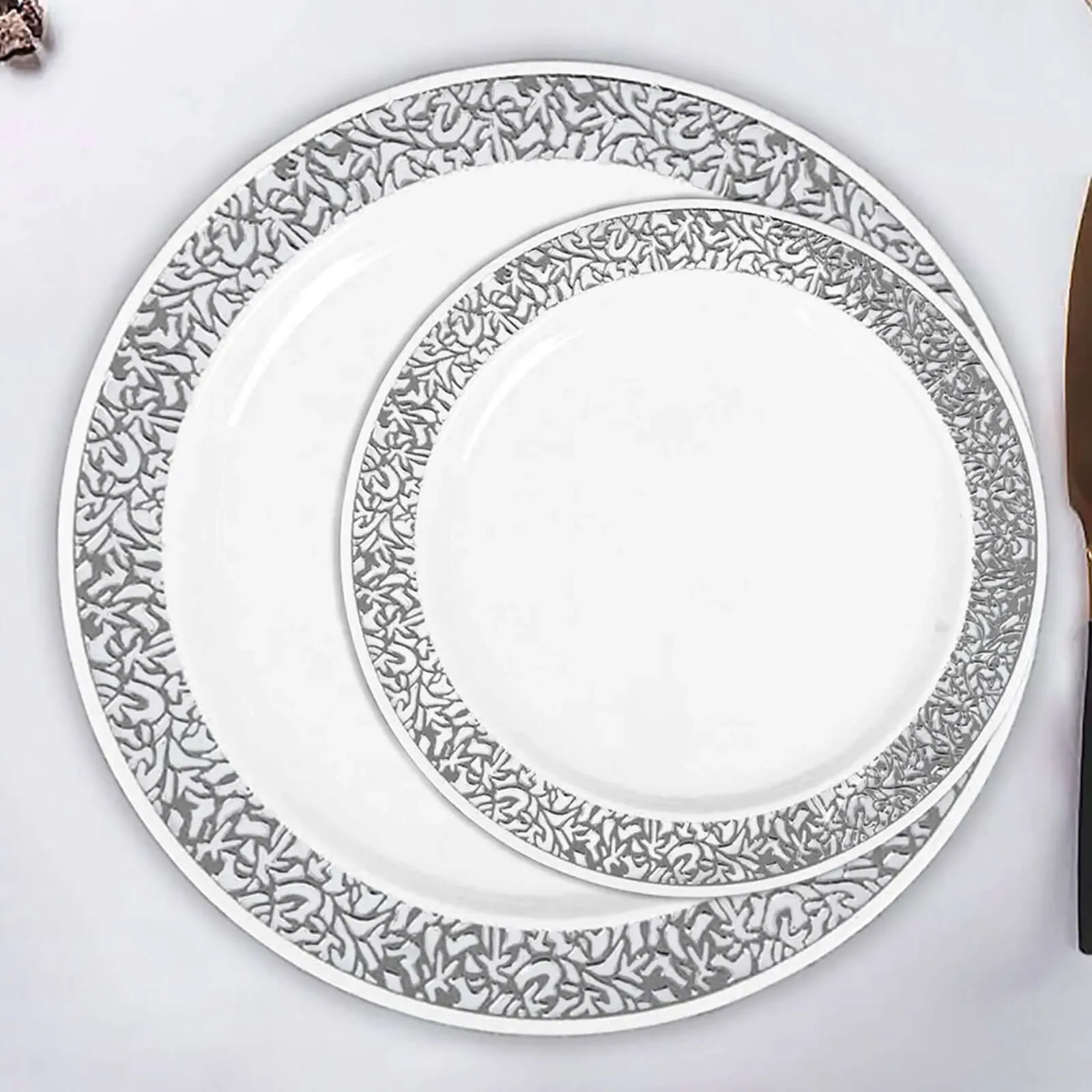 10 Pack 6" Silver Lace Rim White Disposable Salad Plates, Plastic Dessert Appetizer Plates