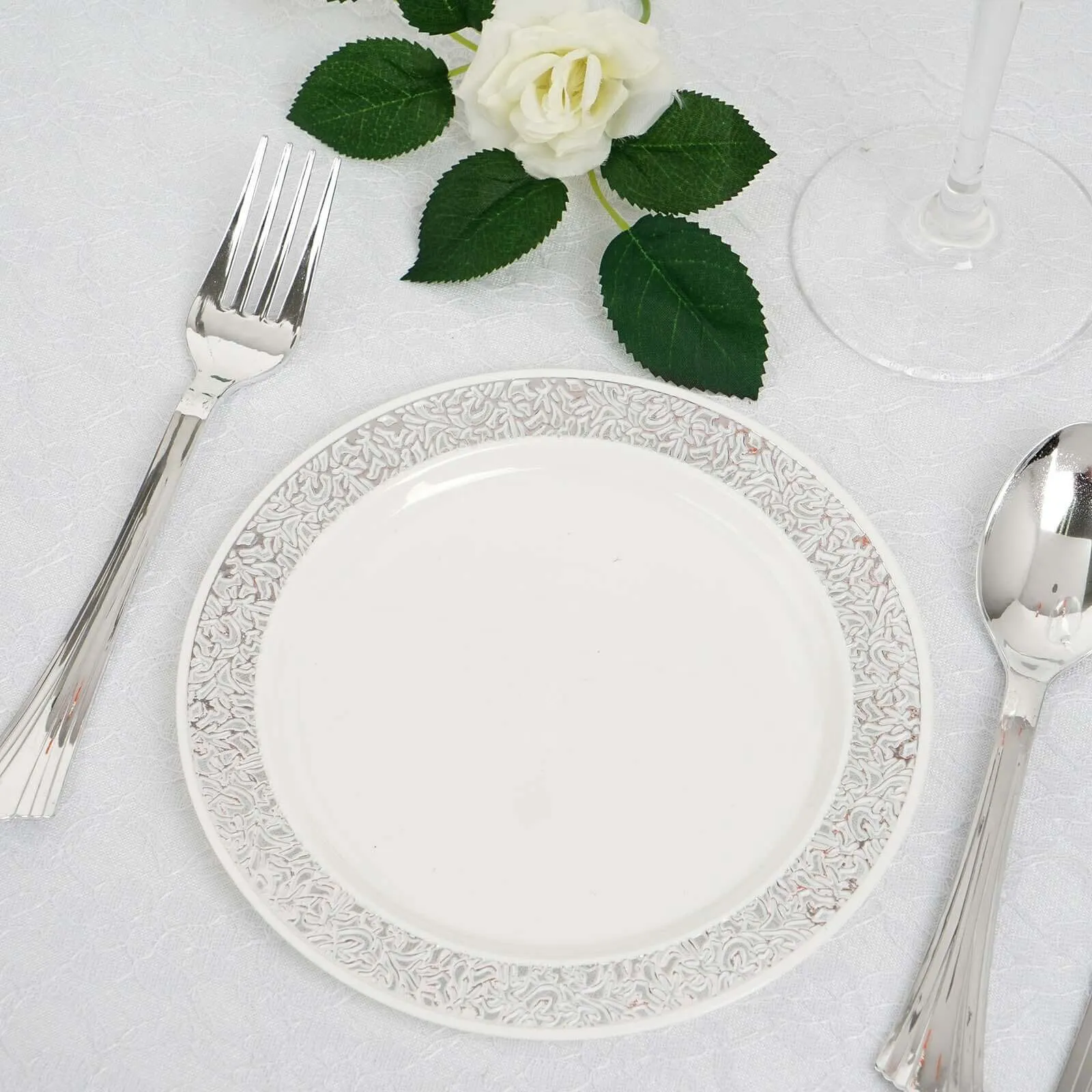 10 Pack 6" Silver Lace Rim White Disposable Salad Plates, Plastic Dessert Appetizer Plates