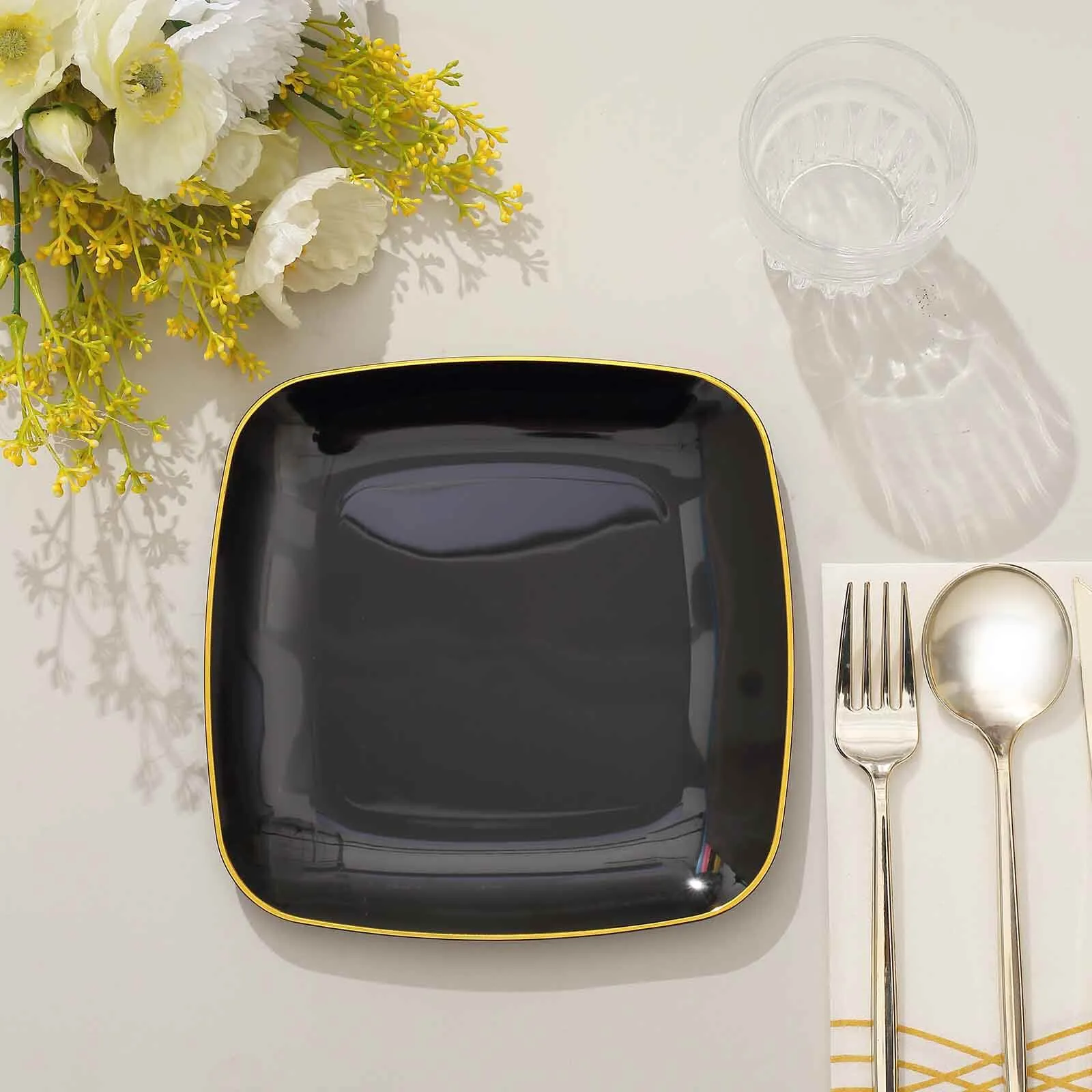 10 Pack Black with Gold Rim Square Plastic Dessert Party Plates, Disposable Appetizer Salad Plates 7"