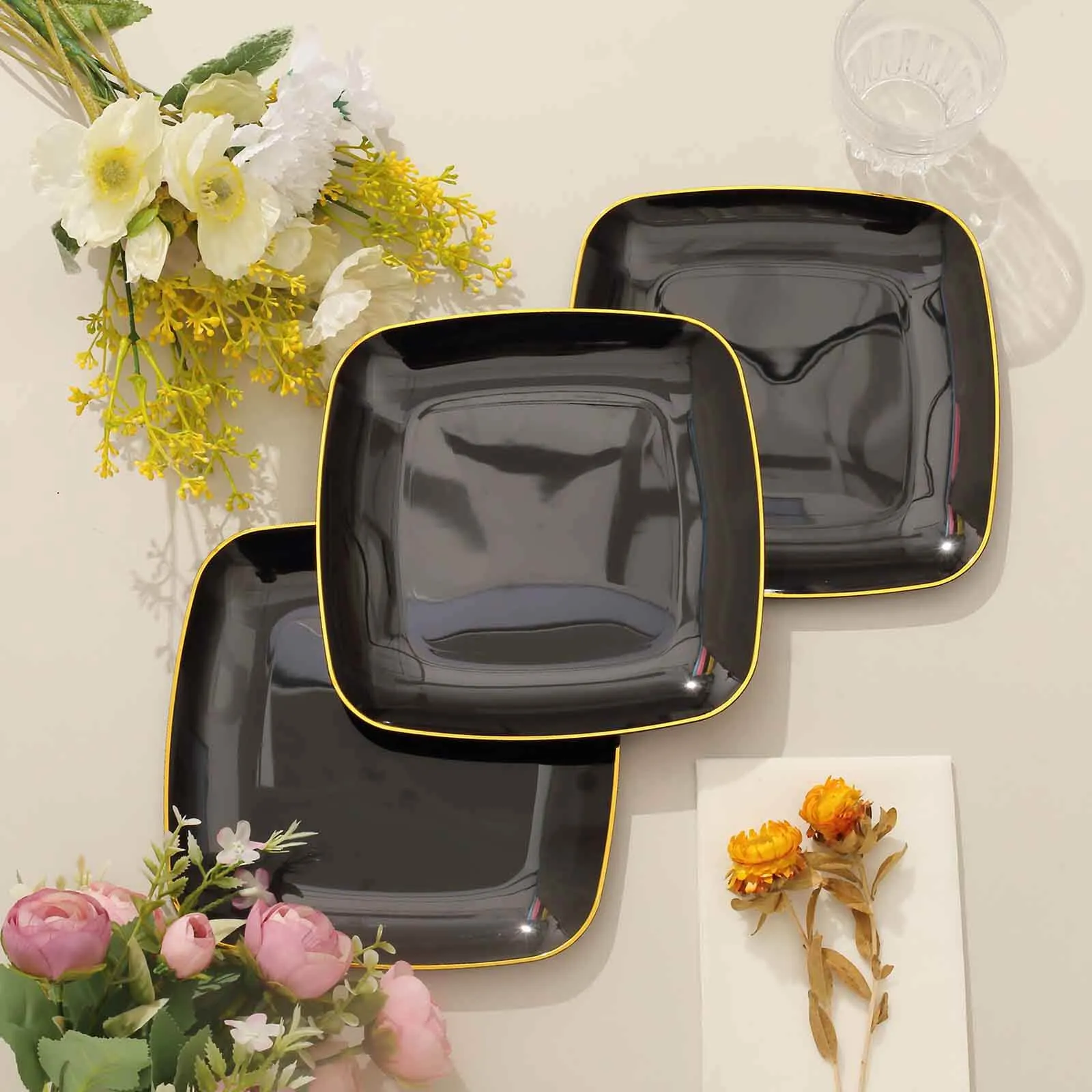 10 Pack Black with Gold Rim Square Plastic Dessert Party Plates, Disposable Appetizer Salad Plates 7"