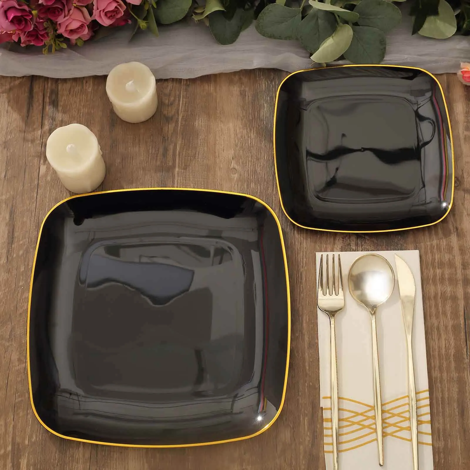 10 Pack Black with Gold Rim Square Plastic Dessert Party Plates, Disposable Appetizer Salad Plates 7"