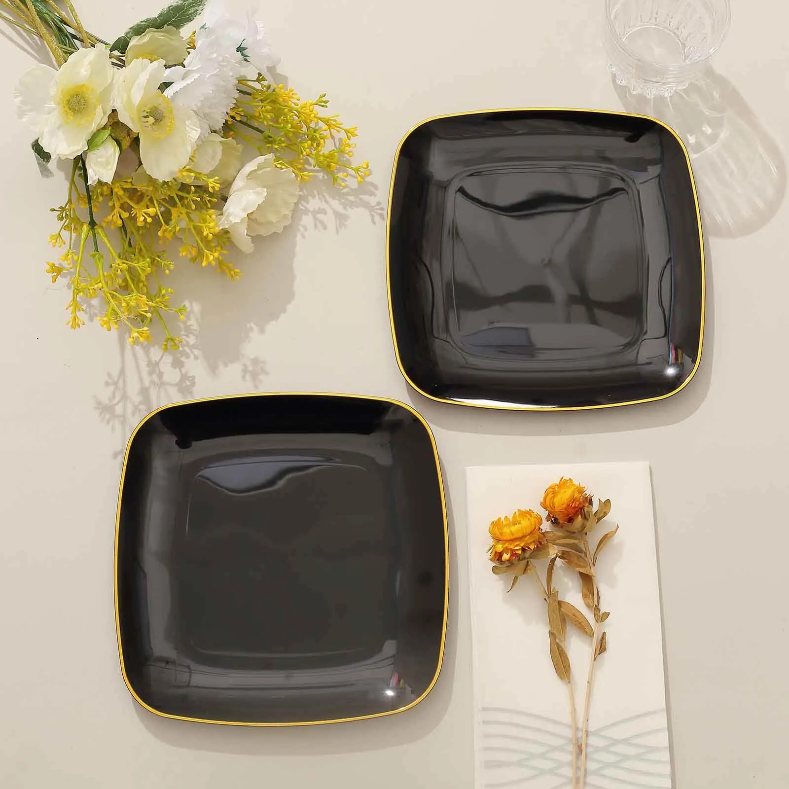 10 Pack Black with Gold Rim Square Plastic Dessert Party Plates, Disposable Appetizer Salad Plates 7"