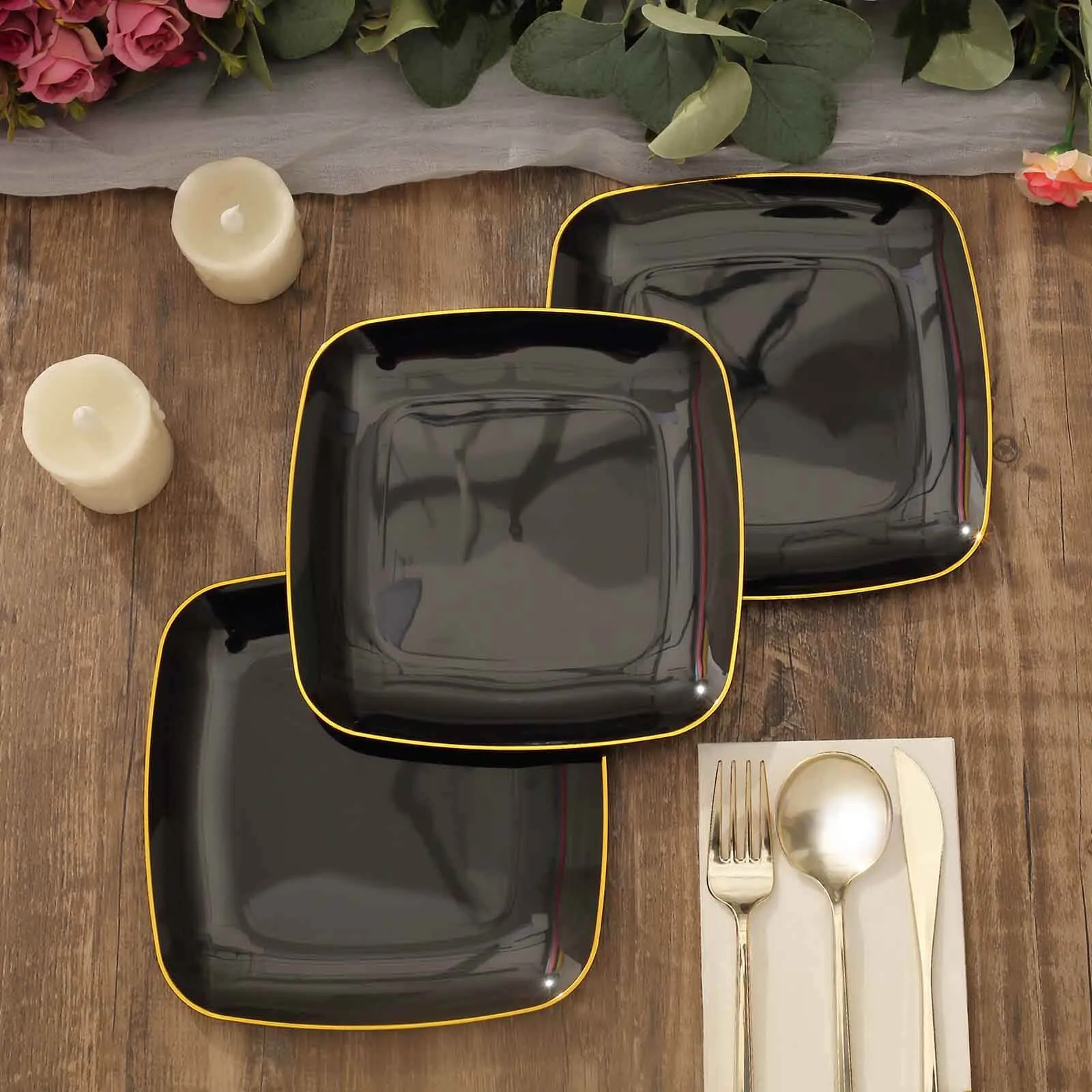 10 Pack Black with Gold Rim Square Plastic Dessert Party Plates, Disposable Appetizer Salad Plates 7"