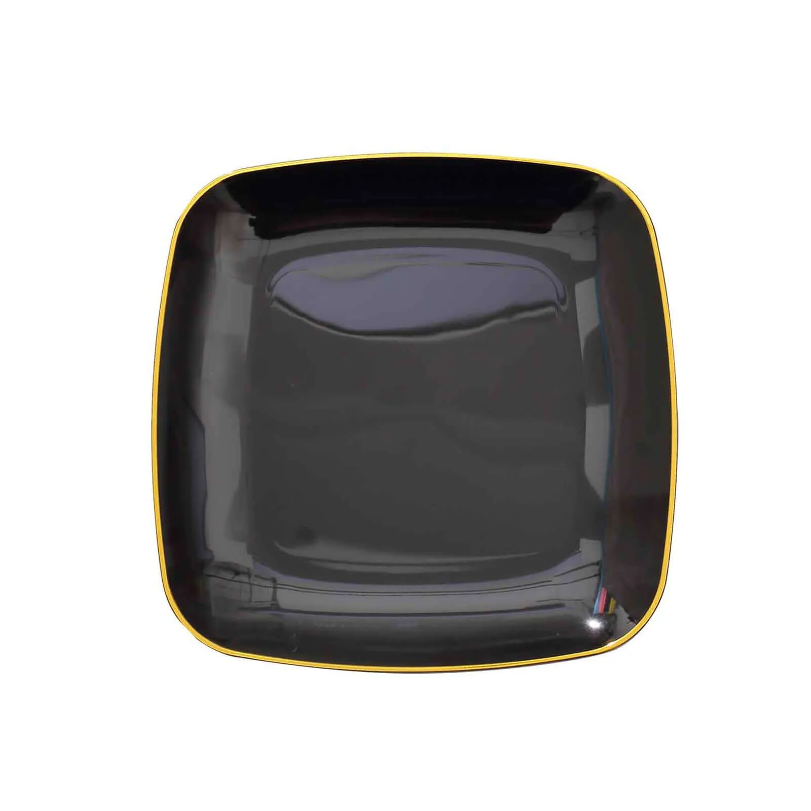 10 Pack Black with Gold Rim Square Plastic Dessert Party Plates, Disposable Appetizer Salad Plates 7"