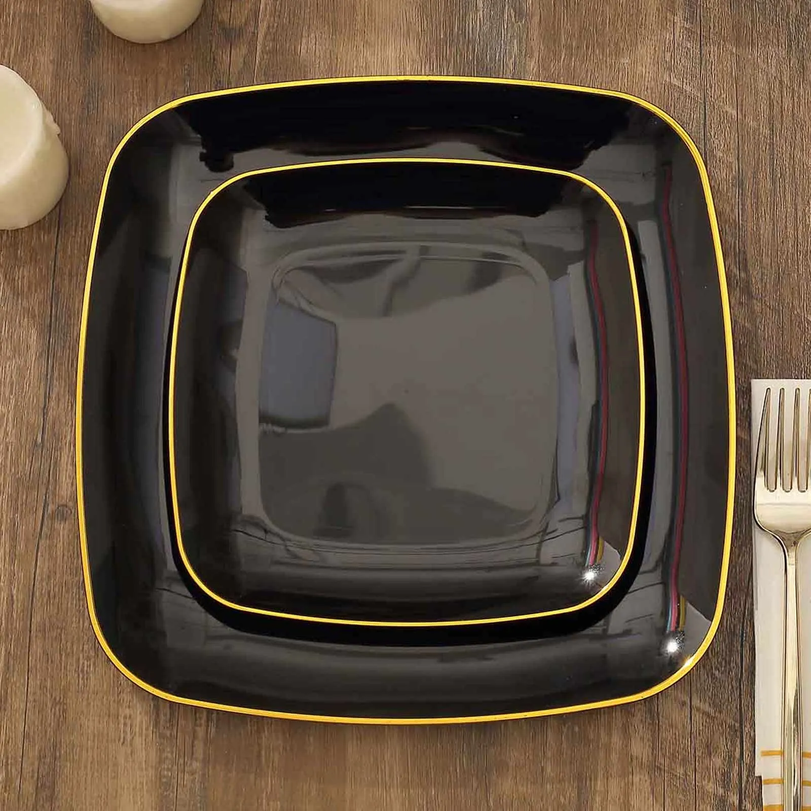 10 Pack Black with Gold Rim Square Plastic Dessert Party Plates, Disposable Appetizer Salad Plates 7"