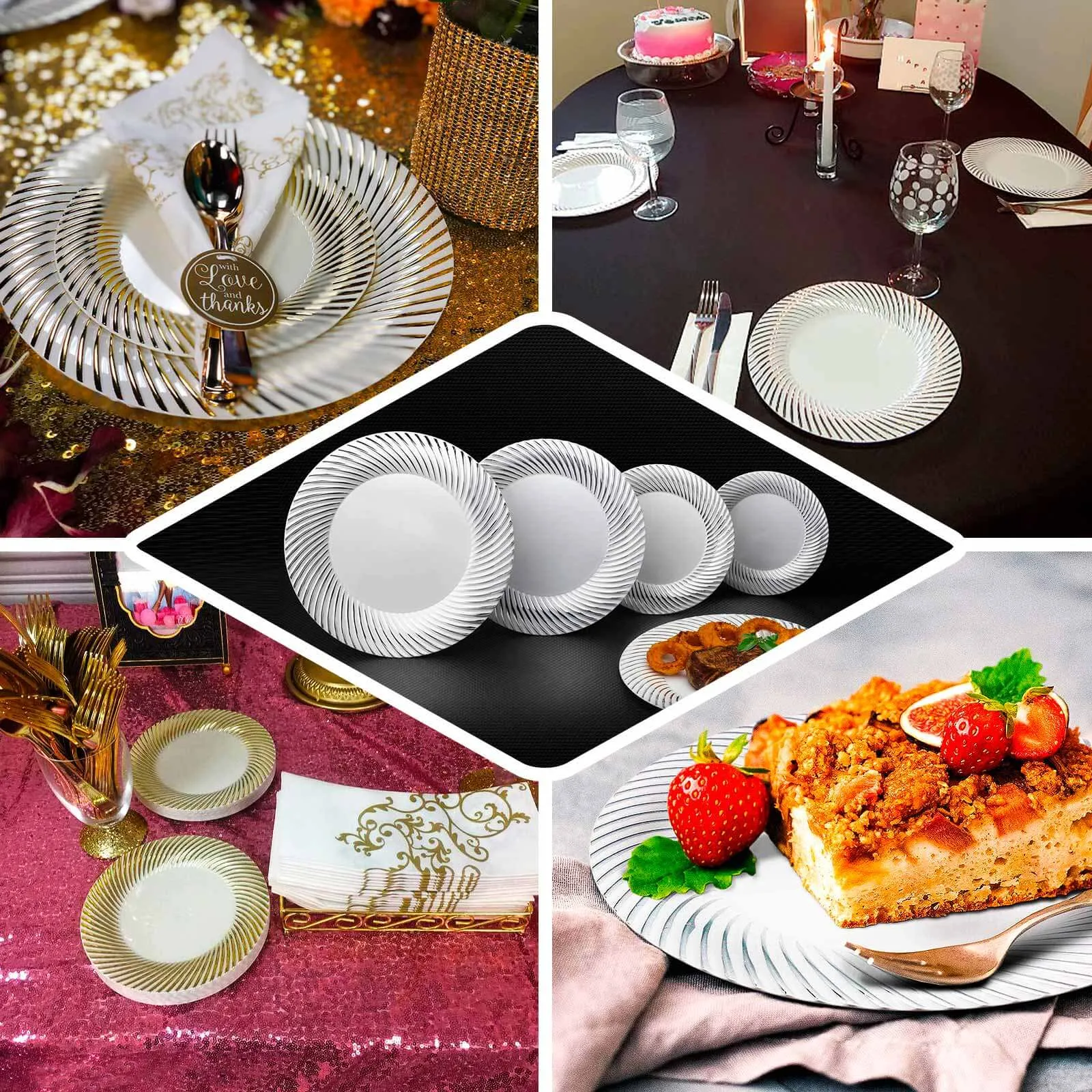 10 Pack Clear / Gold Swirl Rim Plastic Dessert Appetizer Plates, Round Disposable Salad Plates 7"