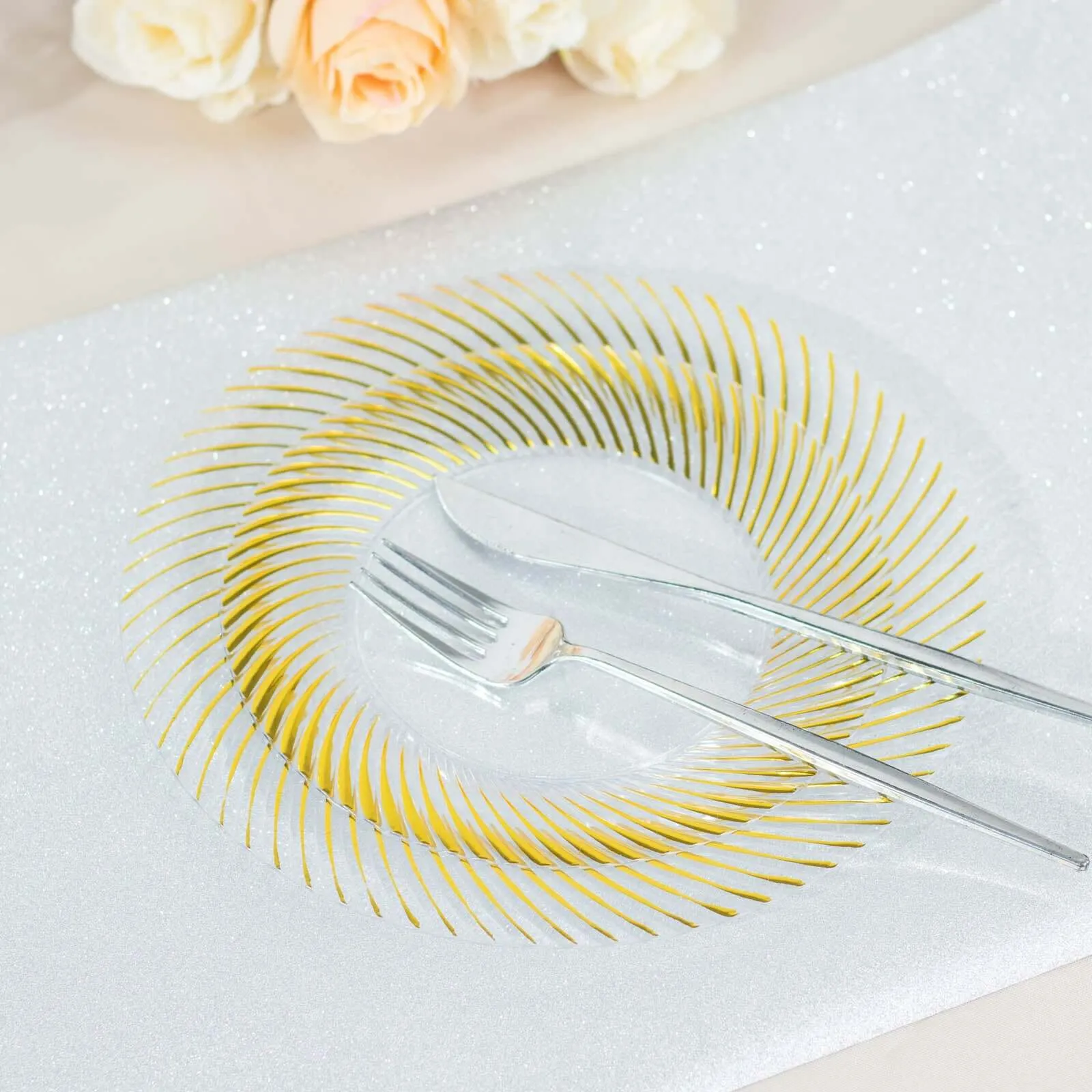 10 Pack Clear / Gold Swirl Rim Plastic Dessert Appetizer Plates, Round Disposable Salad Plates 7"