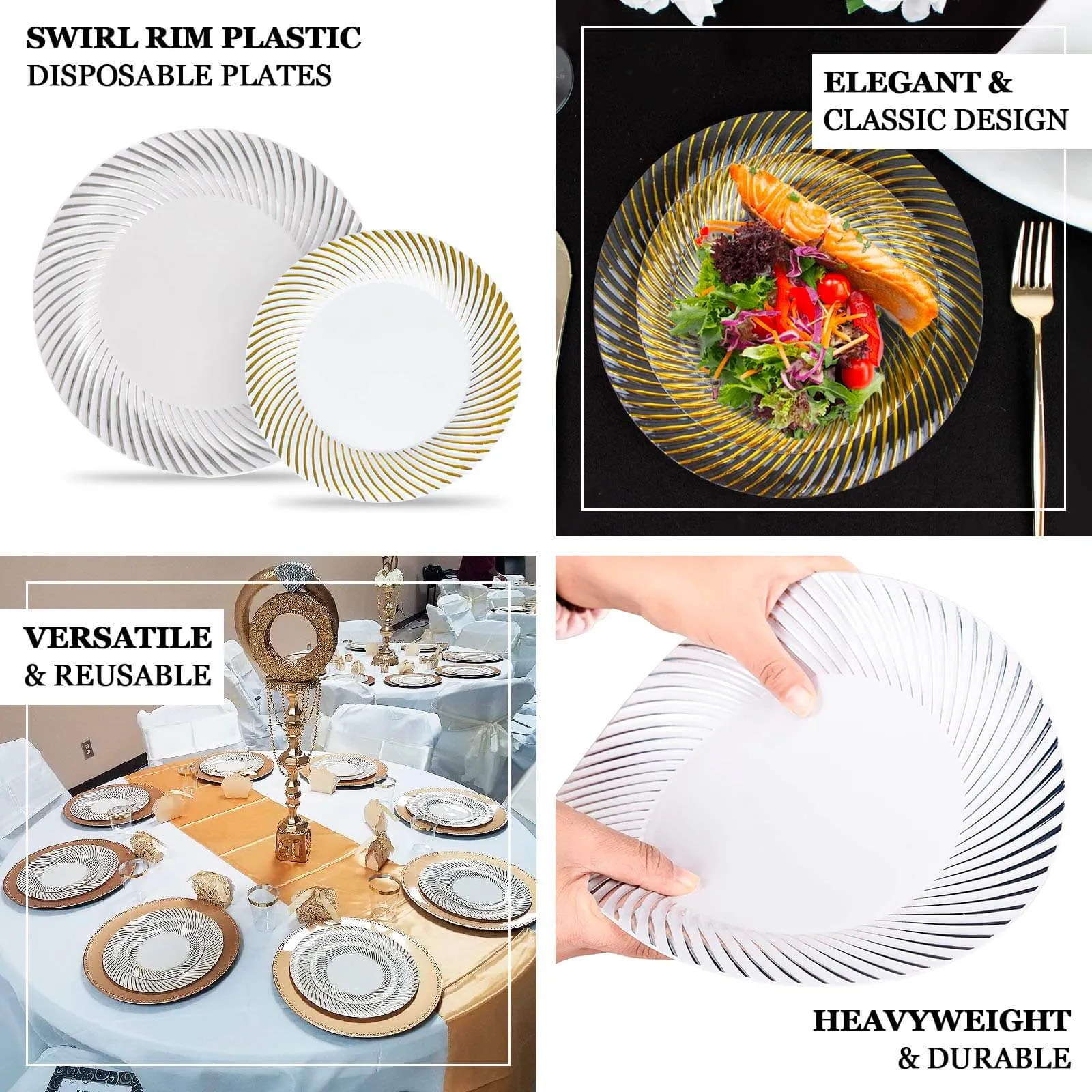 10 Pack Clear / Gold Swirl Rim Plastic Dessert Appetizer Plates, Round Disposable Salad Plates 7"