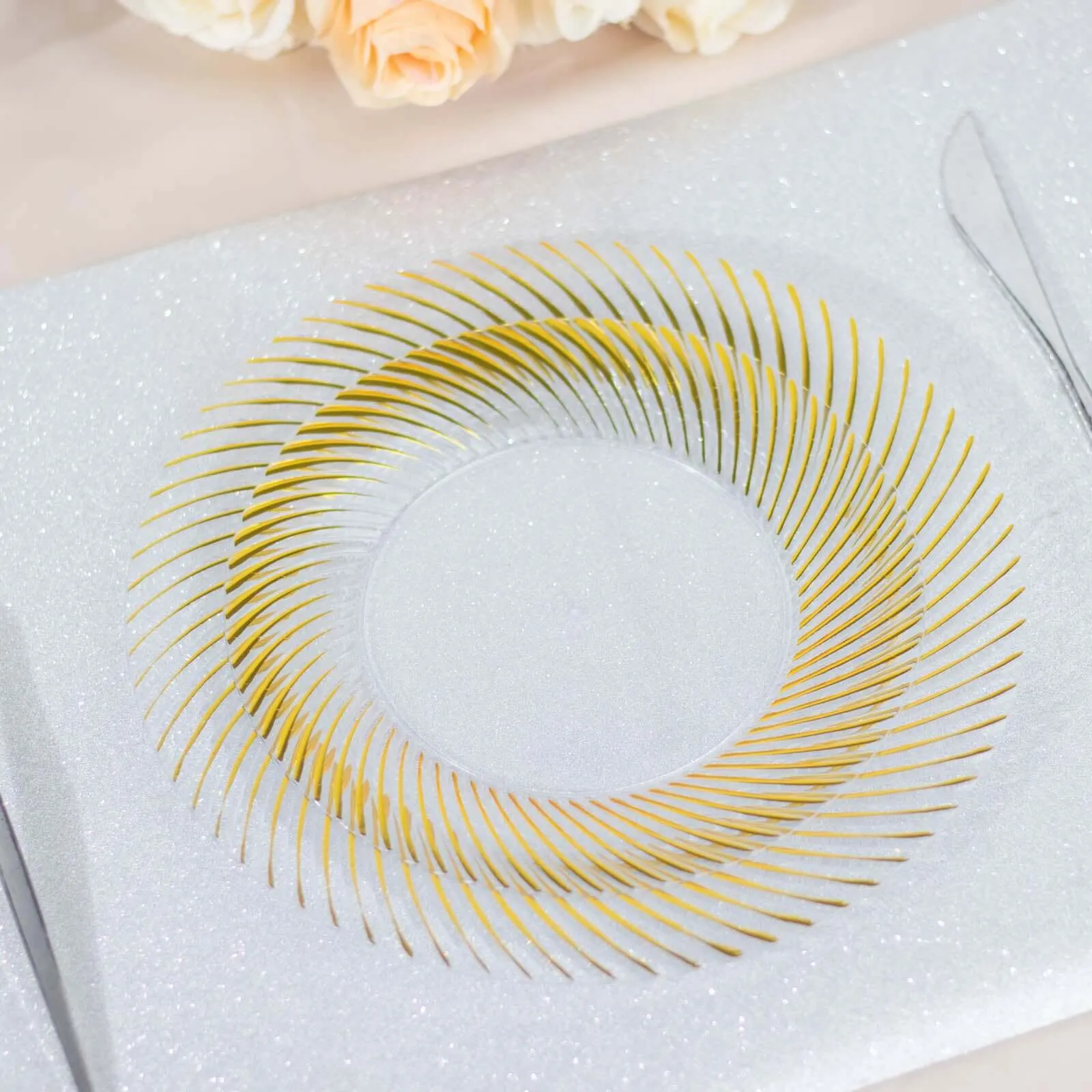 10 Pack Clear / Gold Swirl Rim Plastic Dessert Appetizer Plates, Round Disposable Salad Plates 7"