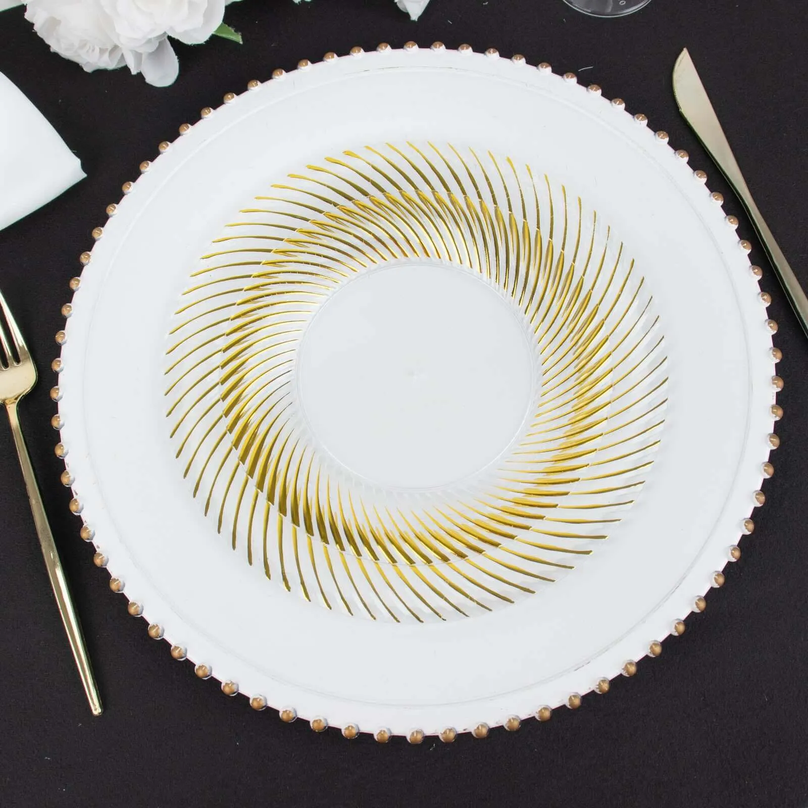 10 Pack Clear / Gold Swirl Rim Plastic Dessert Appetizer Plates, Round Disposable Salad Plates 7"