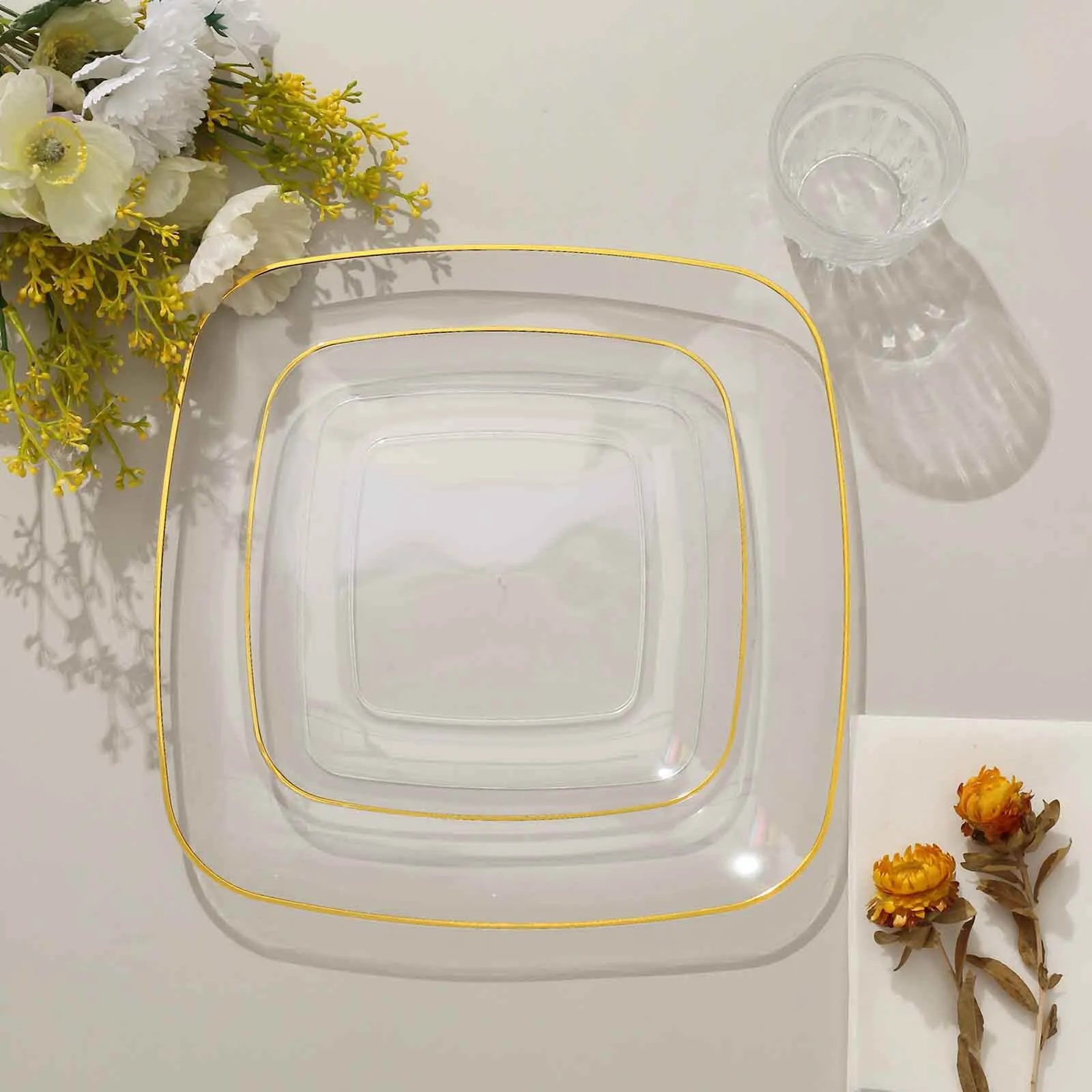 10 Pack Clear with Gold Rim Square Plastic Dessert Party Plates, Disposable Appetizer Salad Plates 7"