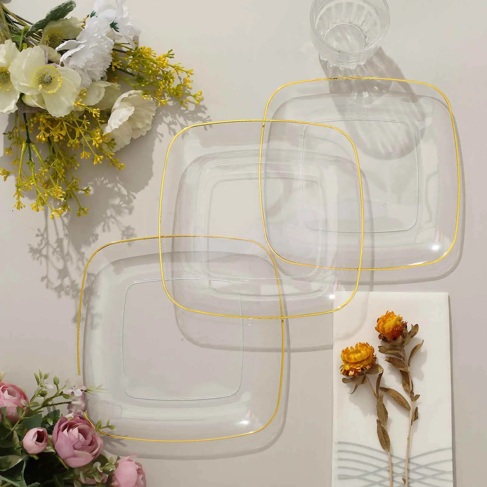 10 Pack Clear with Gold Rim Square Plastic Dessert Party Plates, Disposable Appetizer Salad Plates 7"