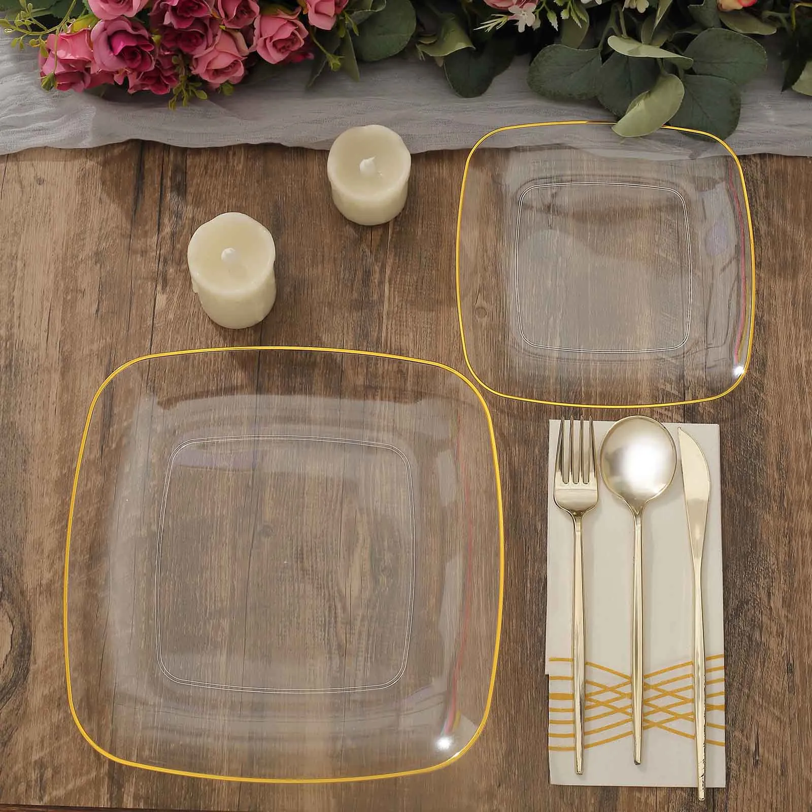 10 Pack Clear with Gold Rim Square Plastic Dessert Party Plates, Disposable Appetizer Salad Plates 7"