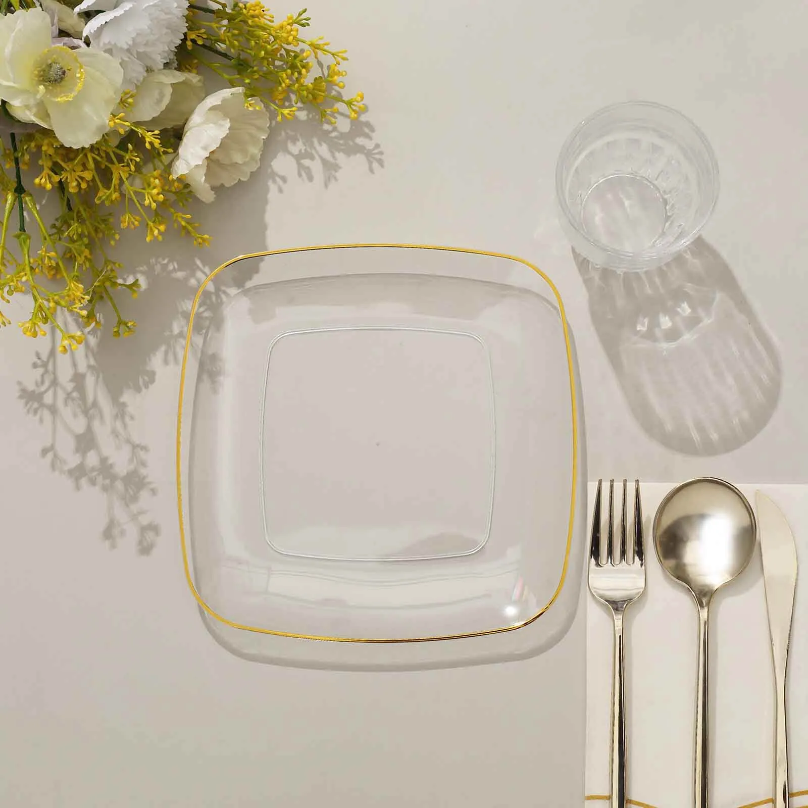 10 Pack Clear with Gold Rim Square Plastic Dessert Party Plates, Disposable Appetizer Salad Plates 7"