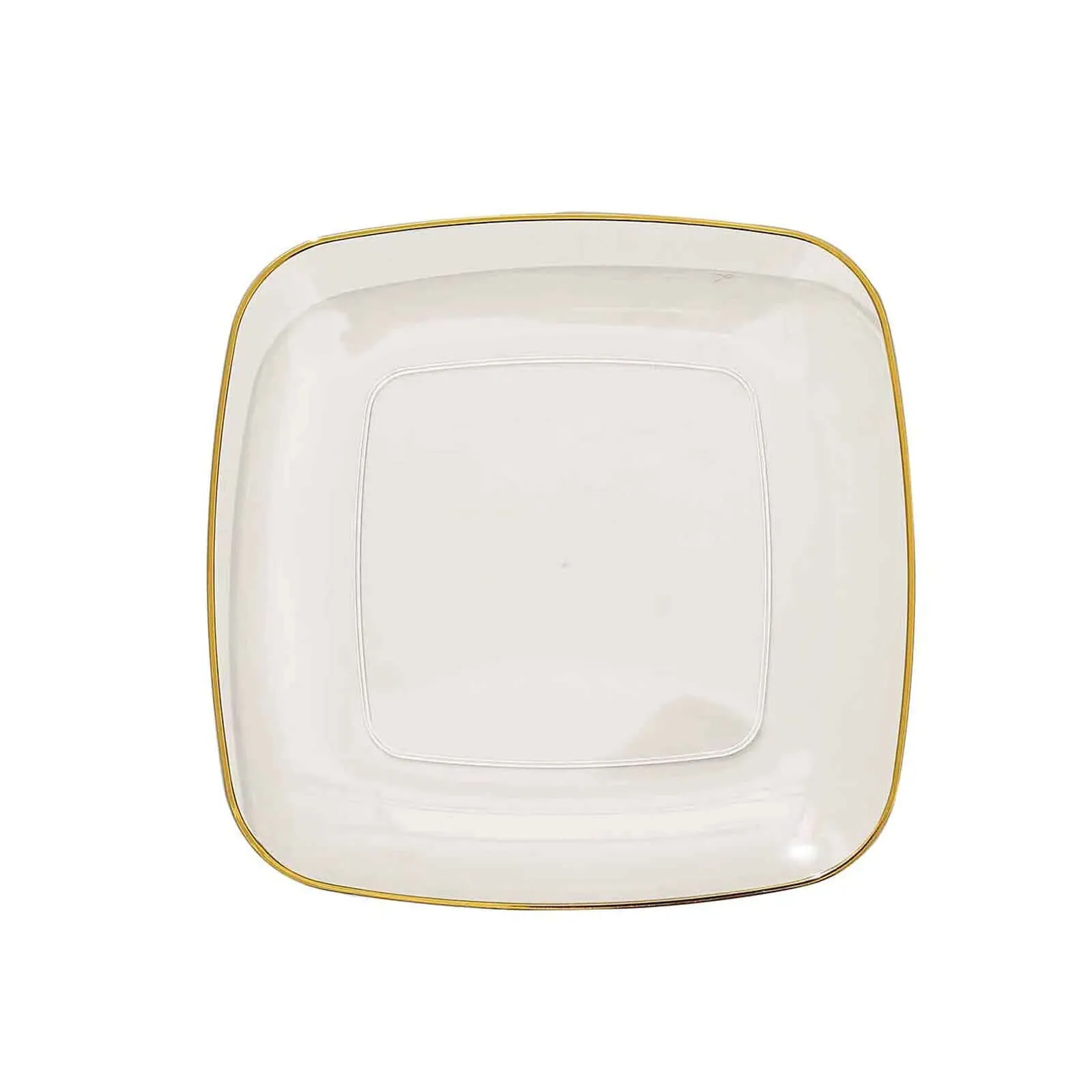 10 Pack Clear with Gold Rim Square Plastic Dessert Party Plates, Disposable Appetizer Salad Plates 7"