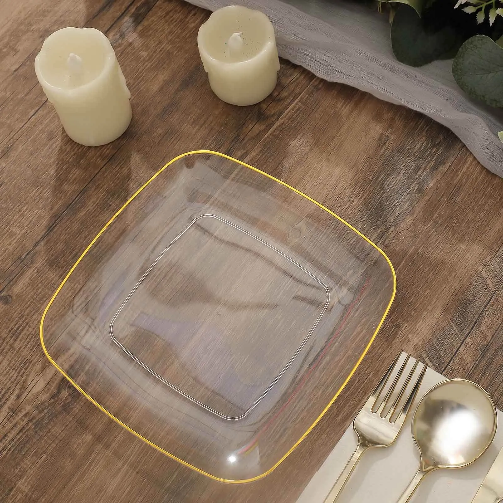 10 Pack Clear with Gold Rim Square Plastic Dessert Party Plates, Disposable Appetizer Salad Plates 7"