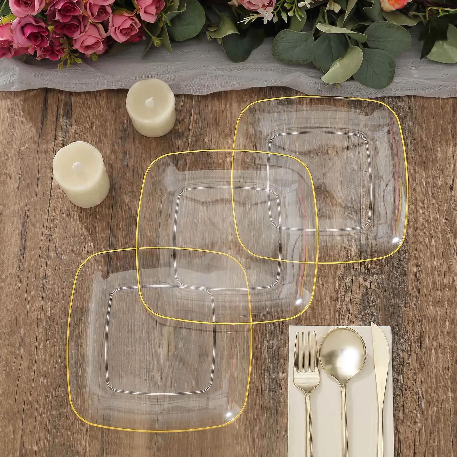 10 Pack Clear with Gold Rim Square Plastic Dessert Party Plates, Disposable Appetizer Salad Plates 7"