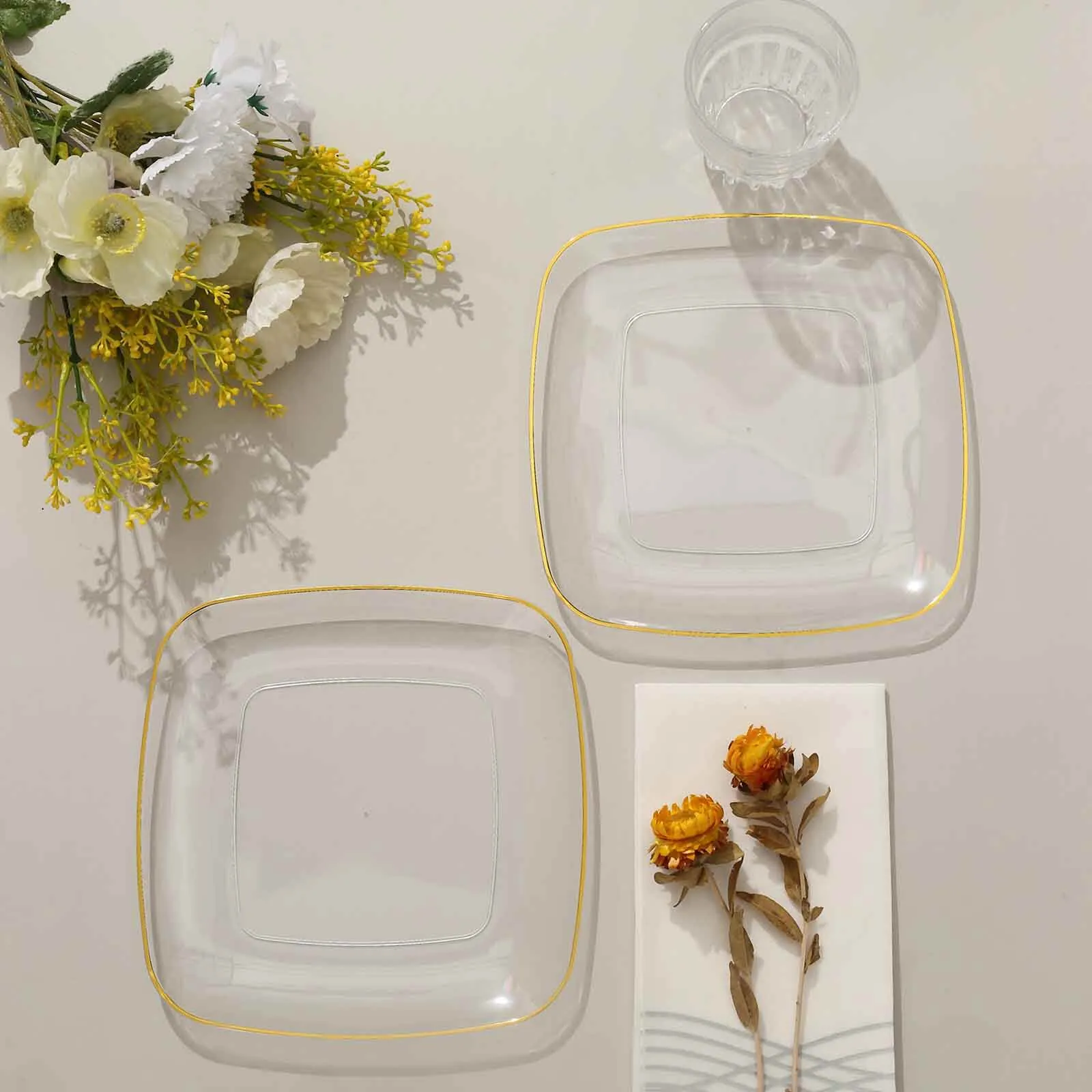 10 Pack Clear with Gold Rim Square Plastic Dessert Party Plates, Disposable Appetizer Salad Plates 7"