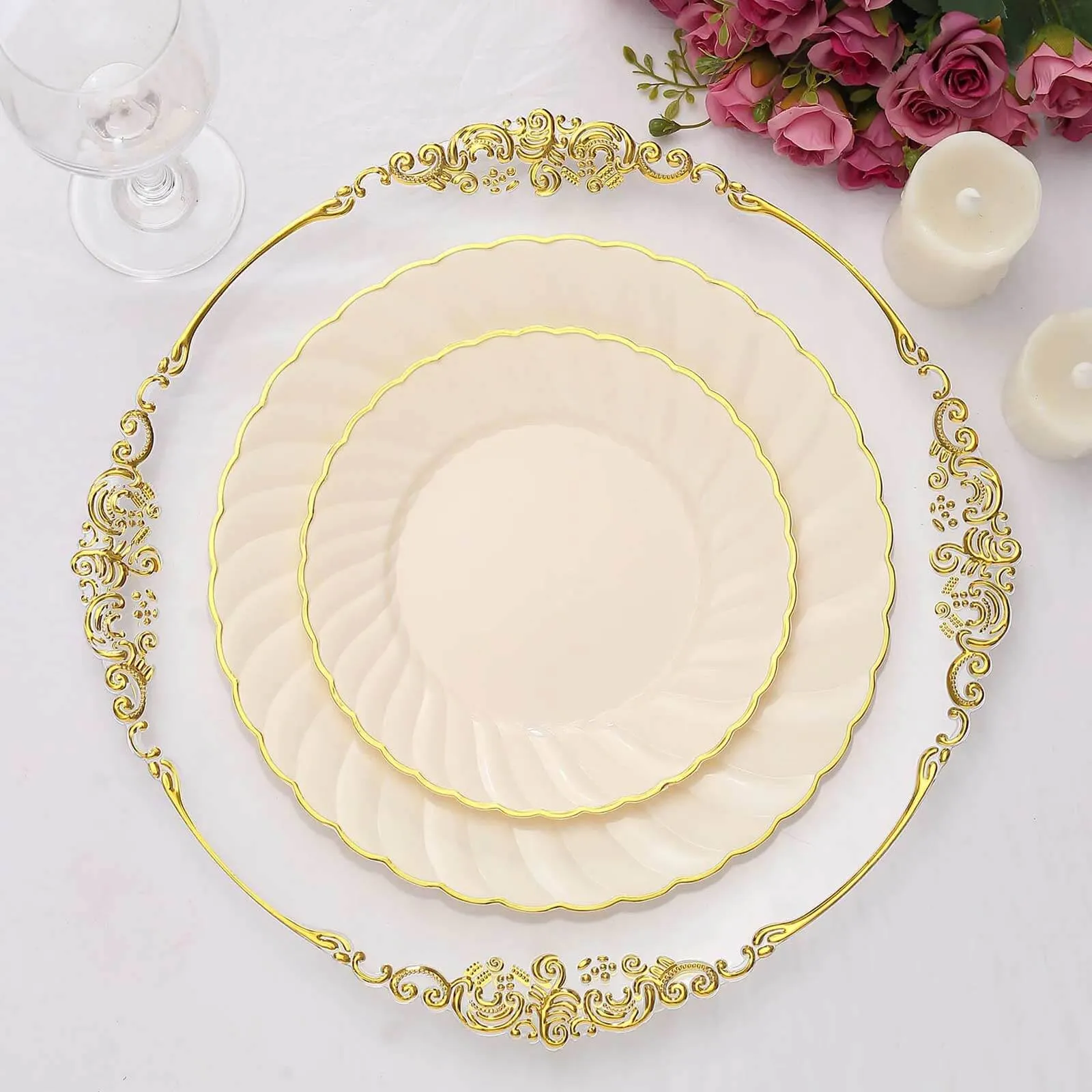 10 Pack Ivory / Gold Flair Rim Plastic Dinner Plates, Round Disposable Party Plates 10"