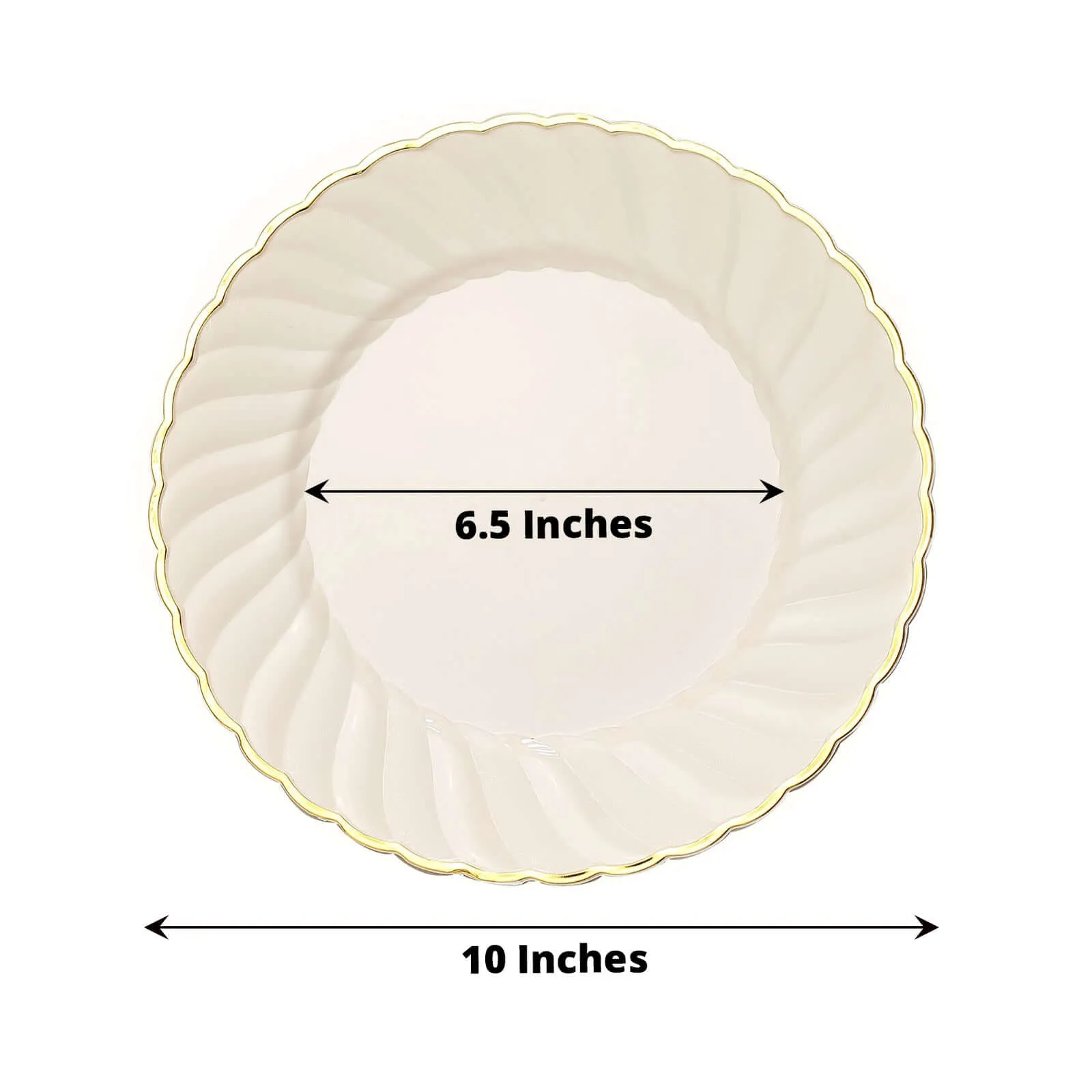 10 Pack Ivory / Gold Flair Rim Plastic Dinner Plates, Round Disposable Party Plates 10"