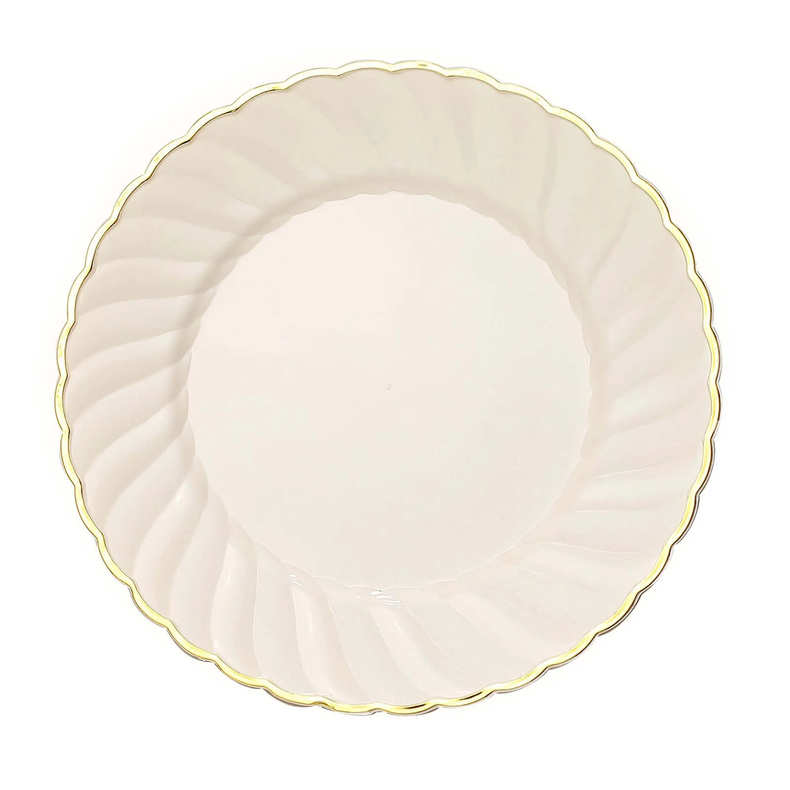 10 Pack Ivory / Gold Flair Rim Plastic Dinner Plates, Round Disposable Party Plates 10"