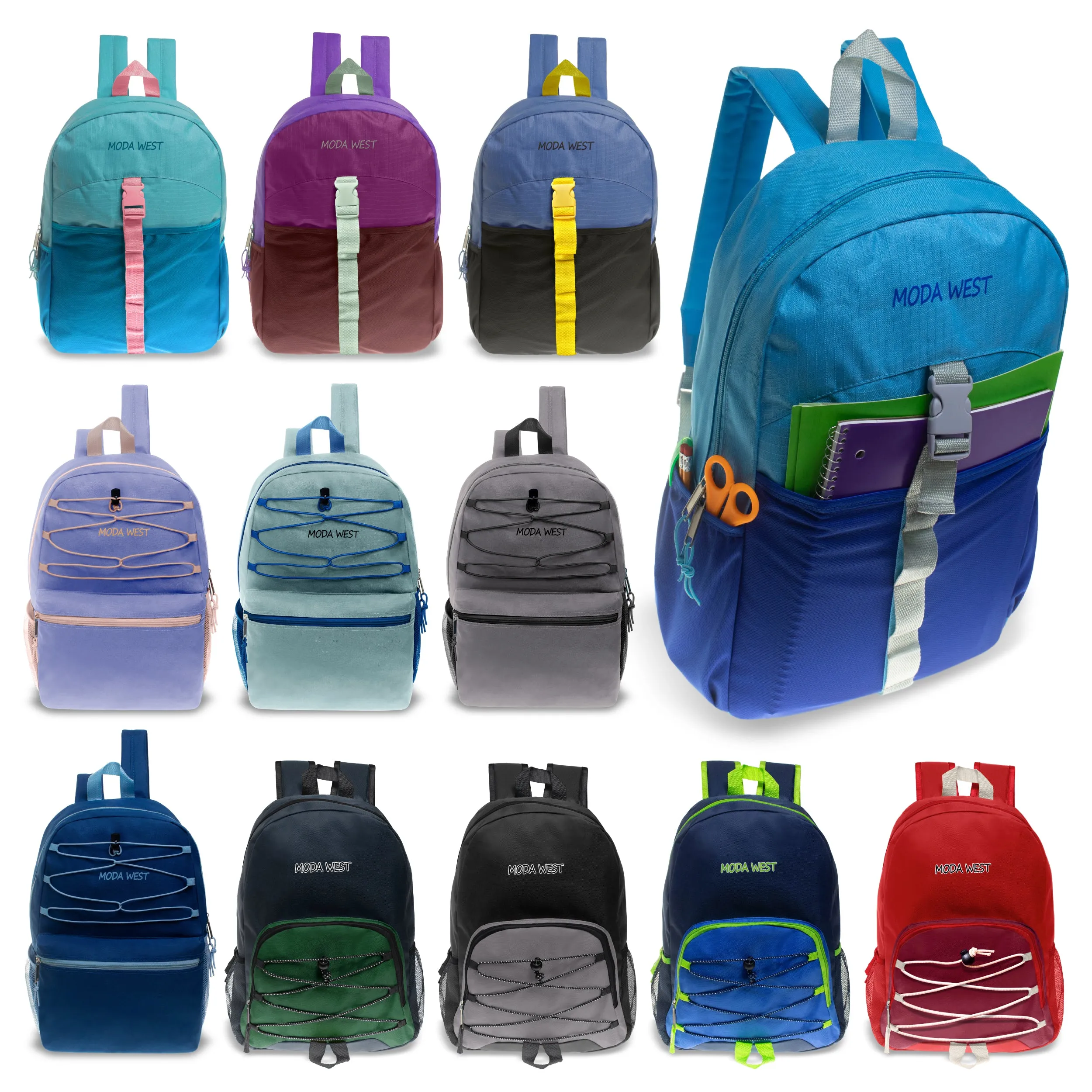 17" Wholesale Backpacks - 3 Different Styles Including Bungee in Assorted Colors - Bulk Case of 24