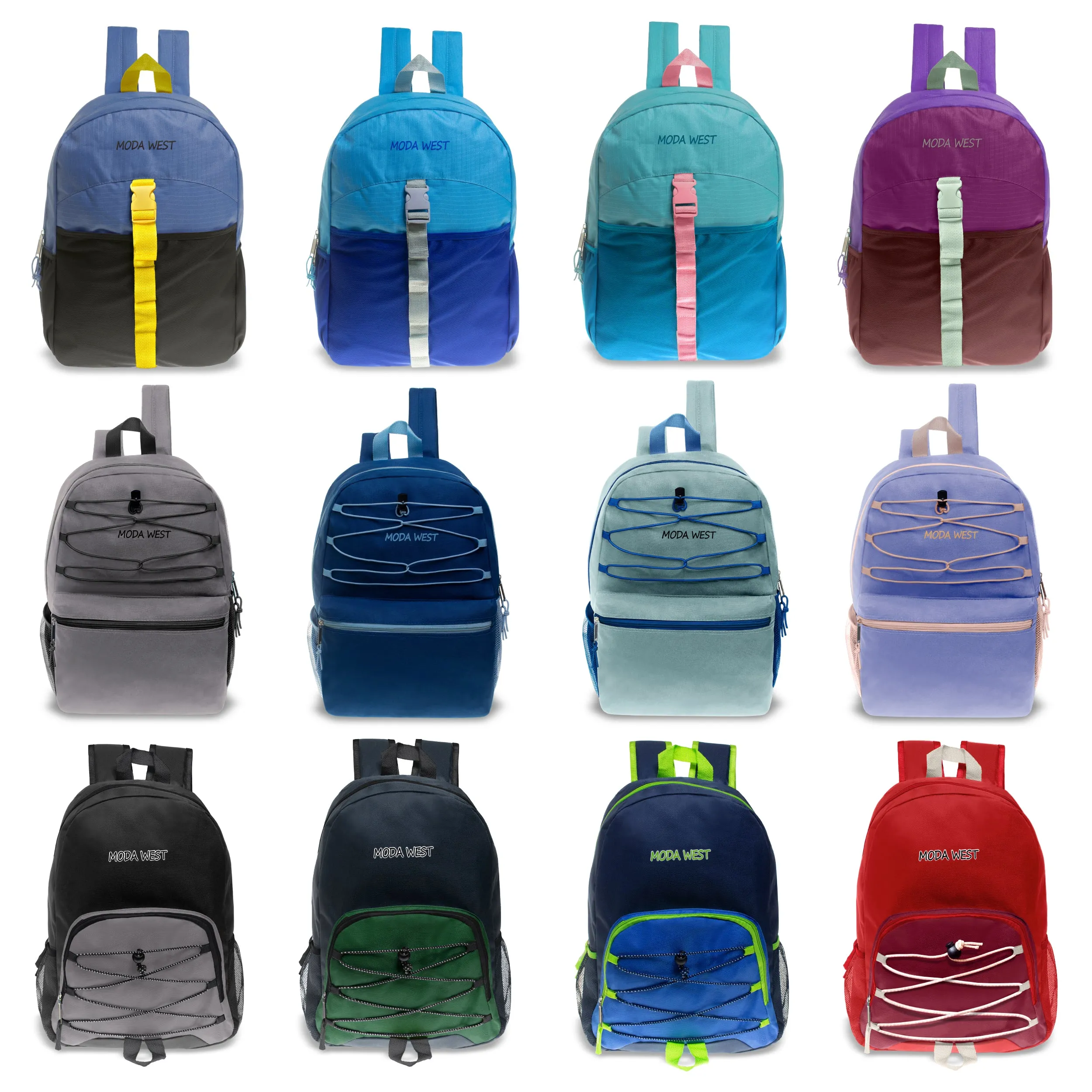 17" Wholesale Backpacks - 3 Different Styles Including Bungee in Assorted Colors - Bulk Case of 24