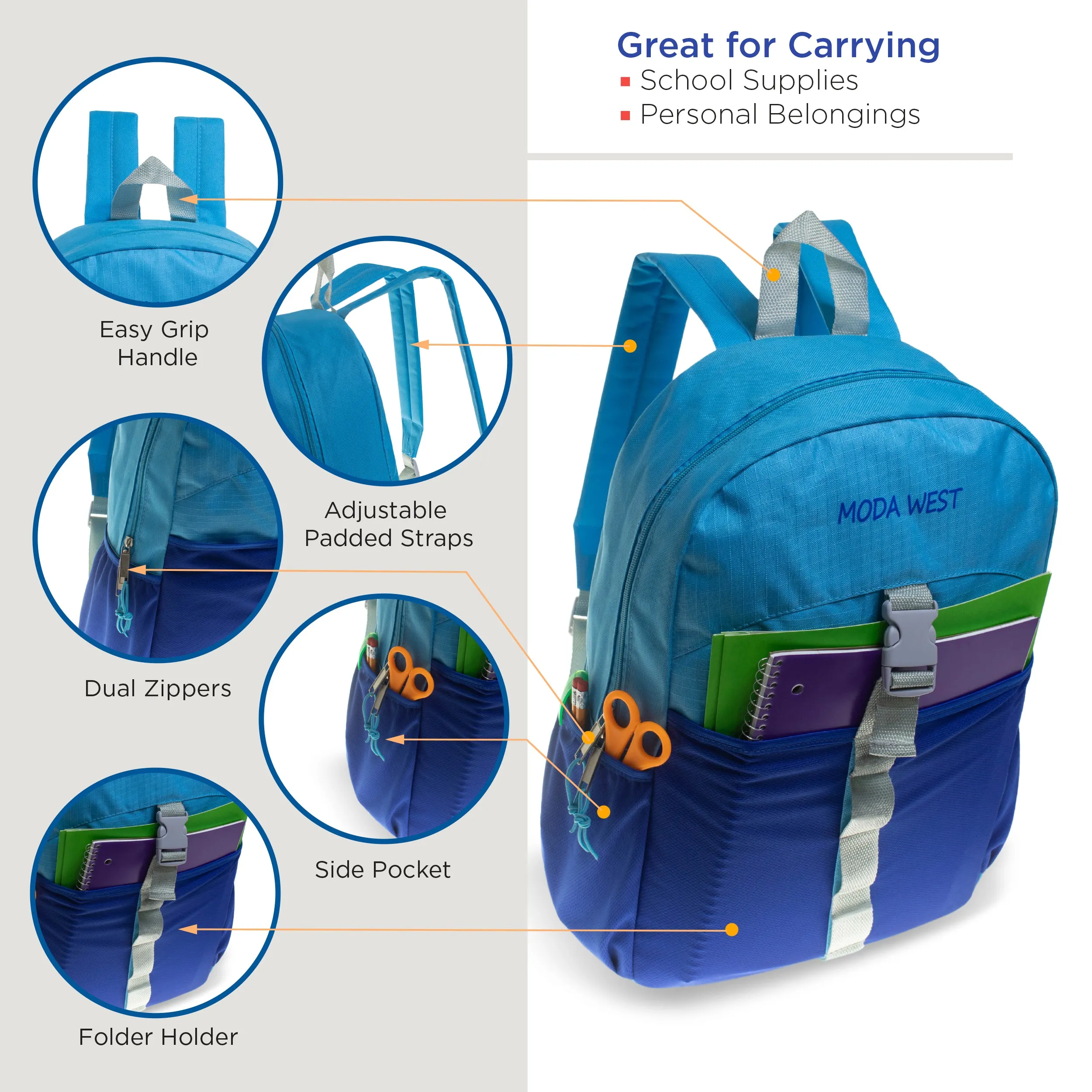 17" Wholesale Backpacks - 3 Different Styles Including Bungee in Assorted Colors - Bulk Case of 24