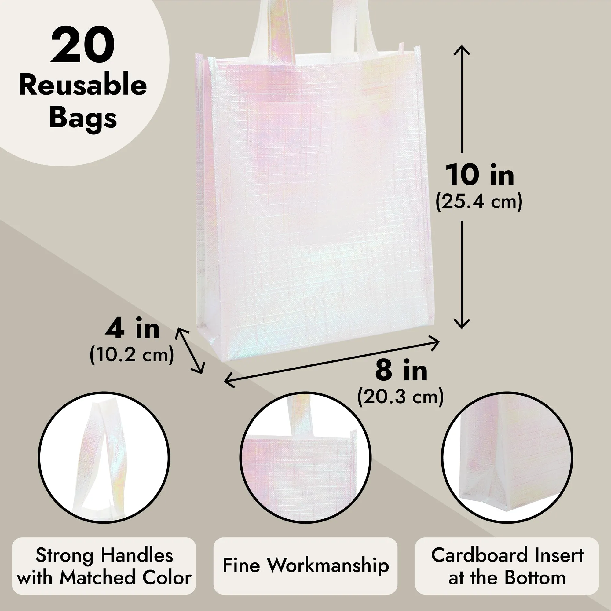 20-Pack Reusable Grocery Bags - Gift Bags with Handles For Bridesmaid Bachelorette Birthday, Non-Woven Shopping Bag (Pink Holographic, 10x4x8 In)