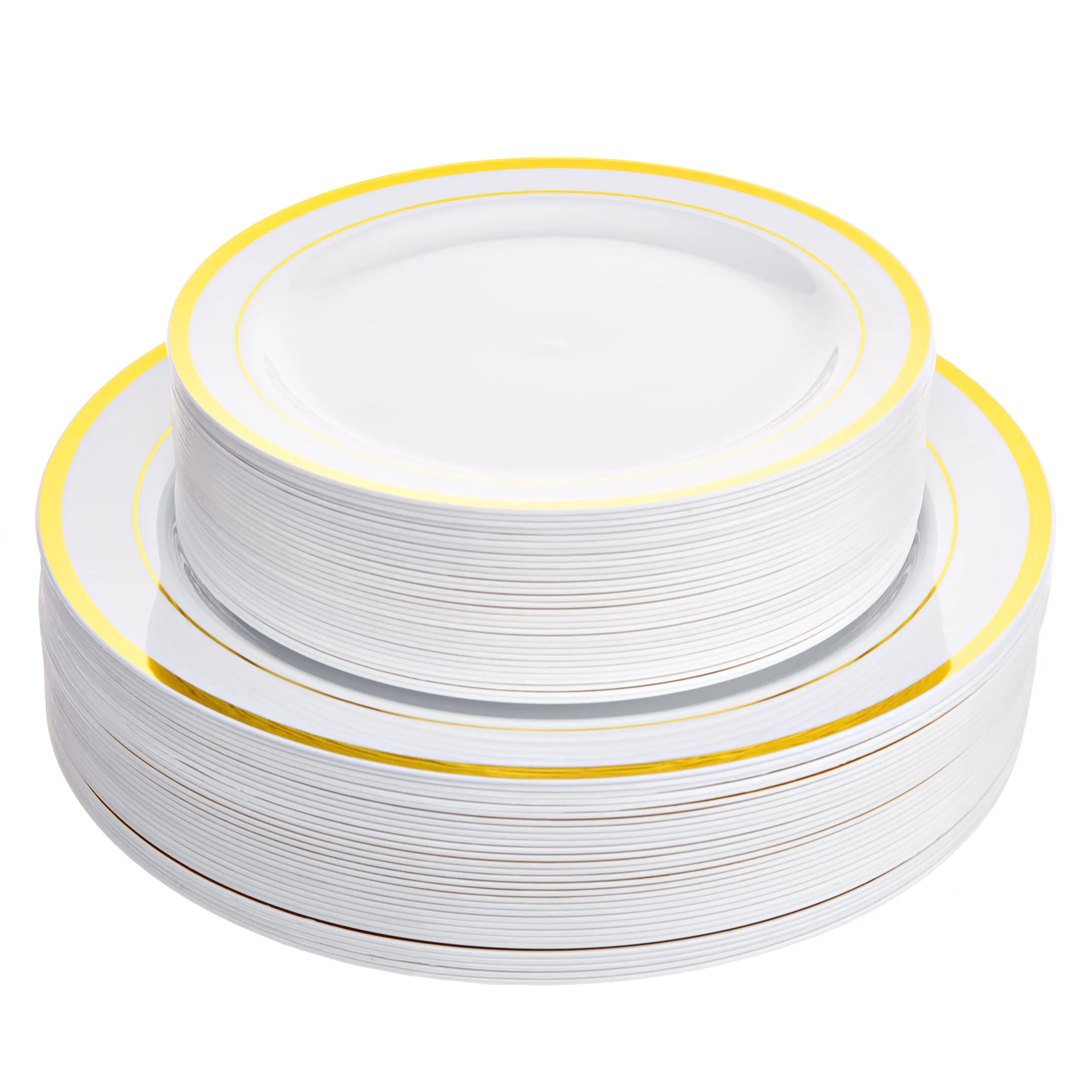 60 Plastic Plates Disposable With White & Gold Rim - 30 Plastic