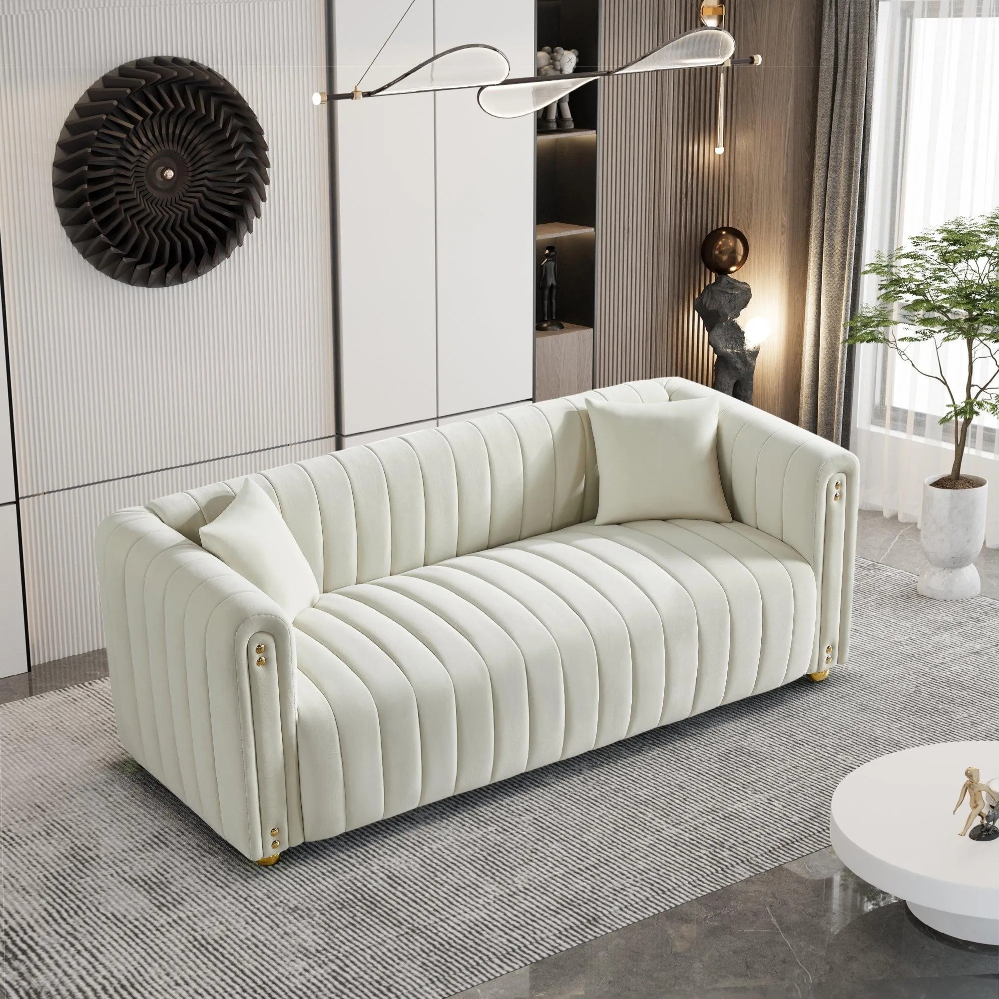 79.92" White Velvet Sofa with Modern Vertical Channel Tufting, Comfortable for Living Room