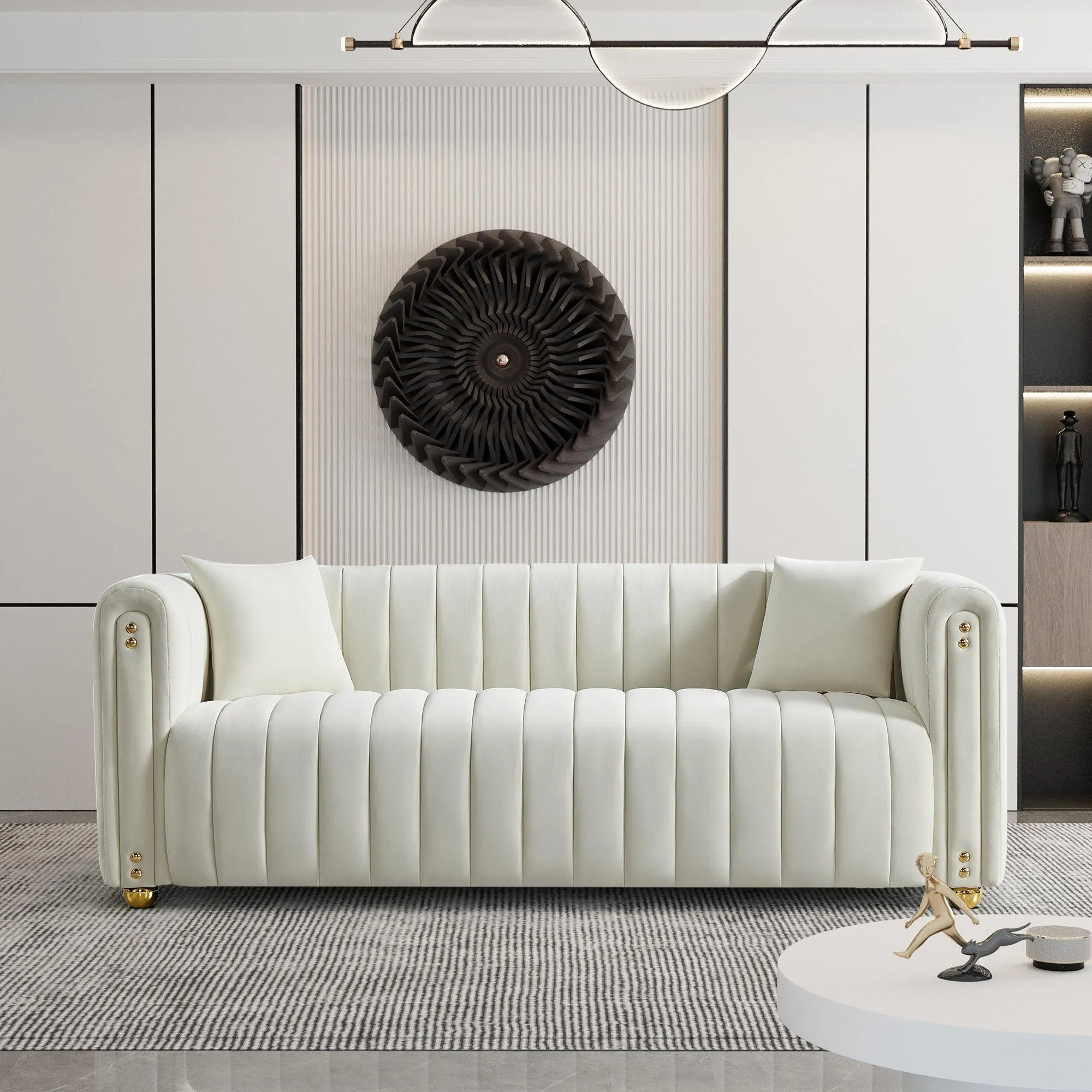 79.92" White Velvet Sofa with Modern Vertical Channel Tufting, Comfortable for Living Room