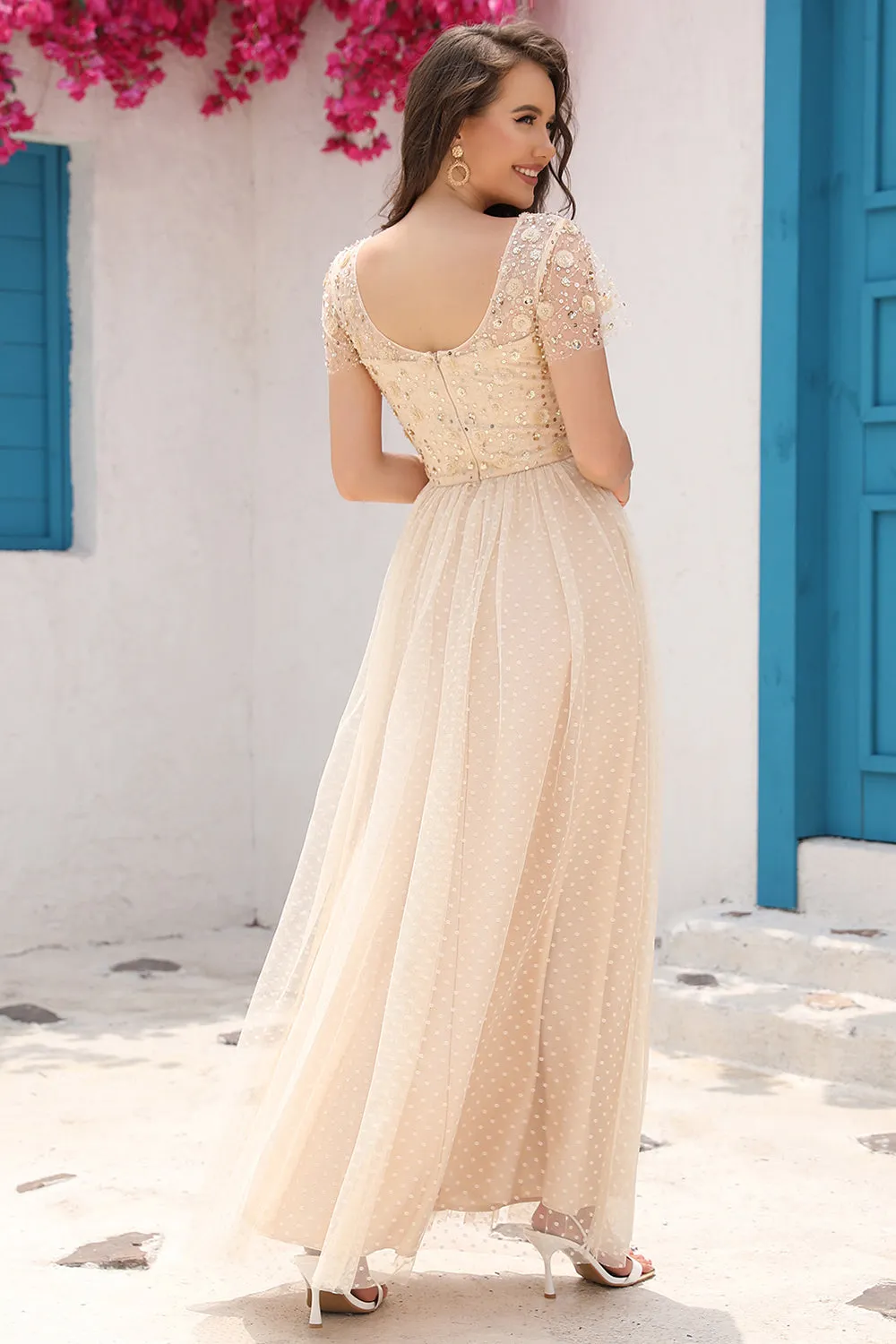 A Line Tulle Apricot Sequins Formal Prom Dress with Appliques