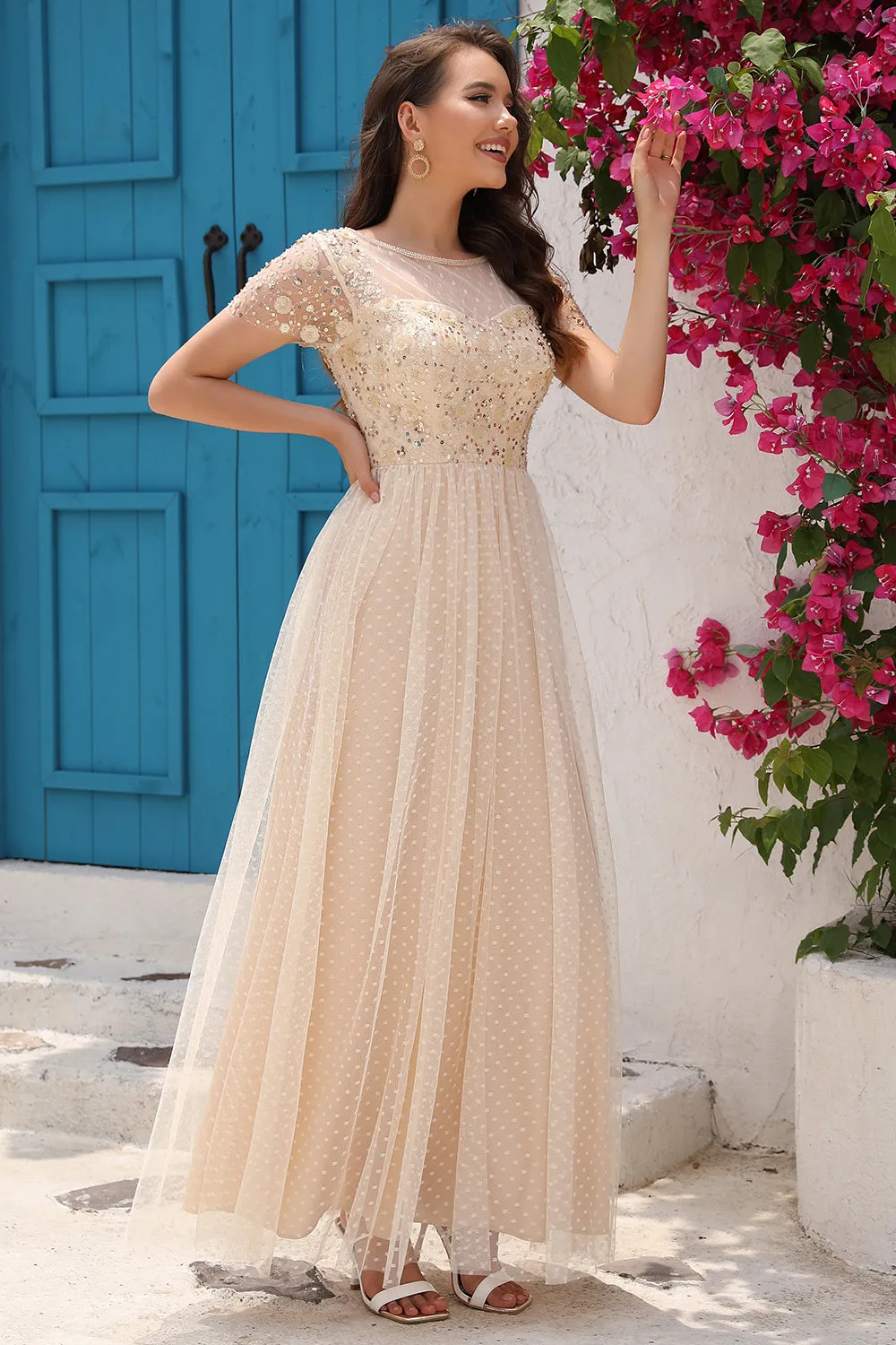 A Line Tulle Apricot Sequins Formal Prom Dress with Appliques