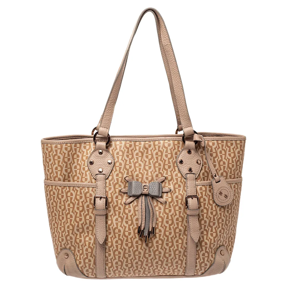 AIGNER Beige/Pink Signature Coated Canvas and Leather Bow Tote