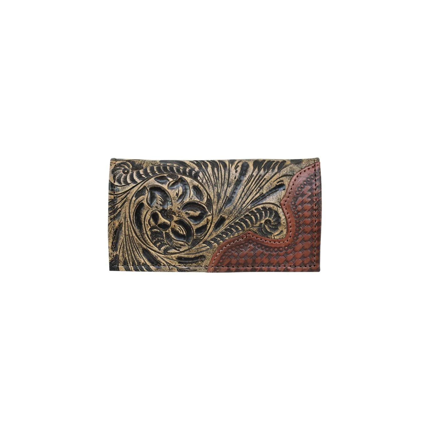 American West Mens Tooled 7.5x3.75 Distressed Charcoal Leather Rodeo Wallet