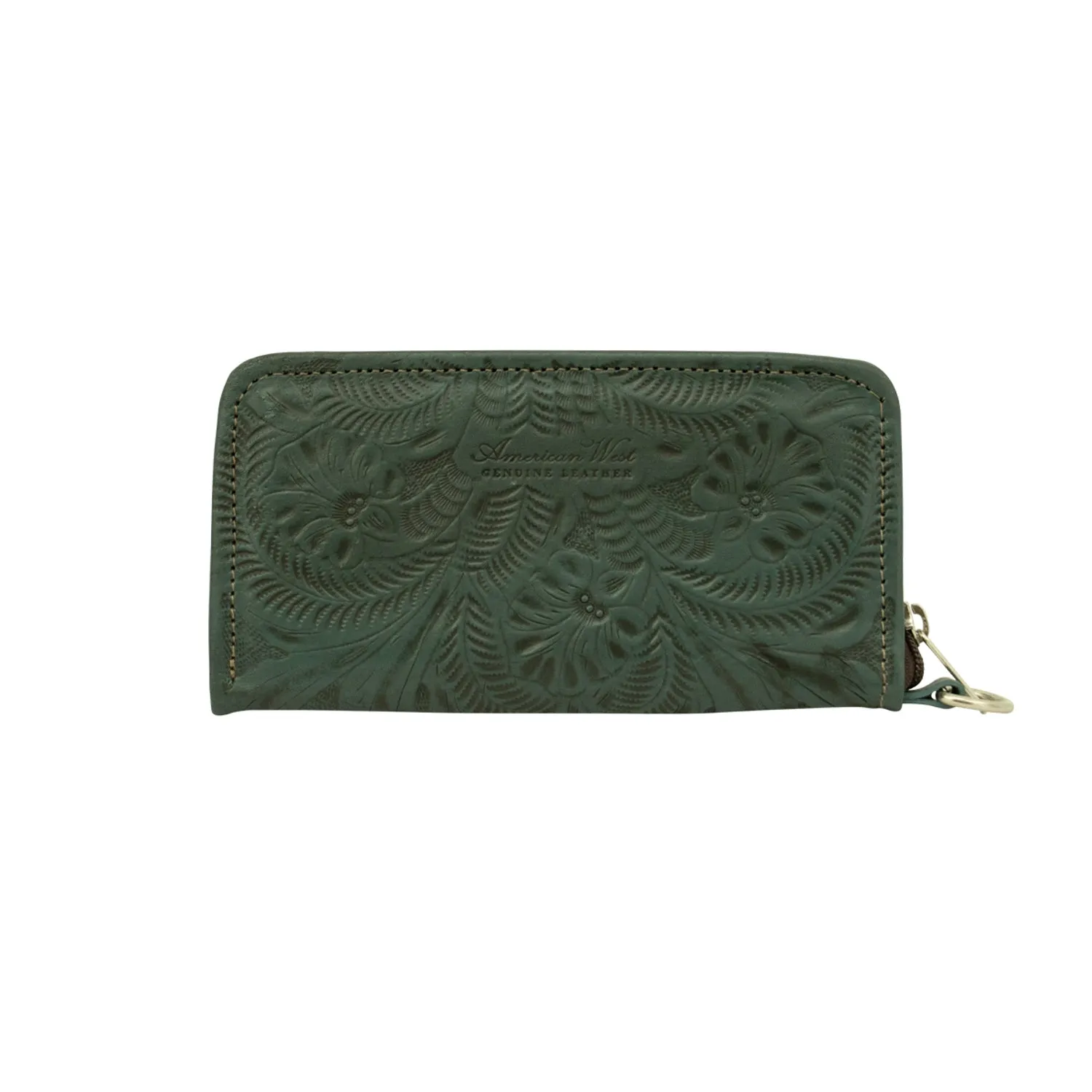 American West Womens Hand Tooled Dark Turquoise Leather Zip Around Wallet