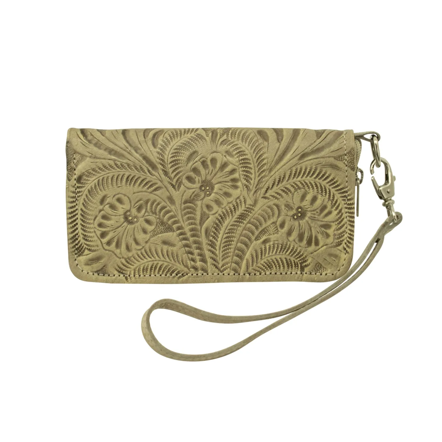 American West Womens Hand Tooled Sand Leather Trifold Wallet