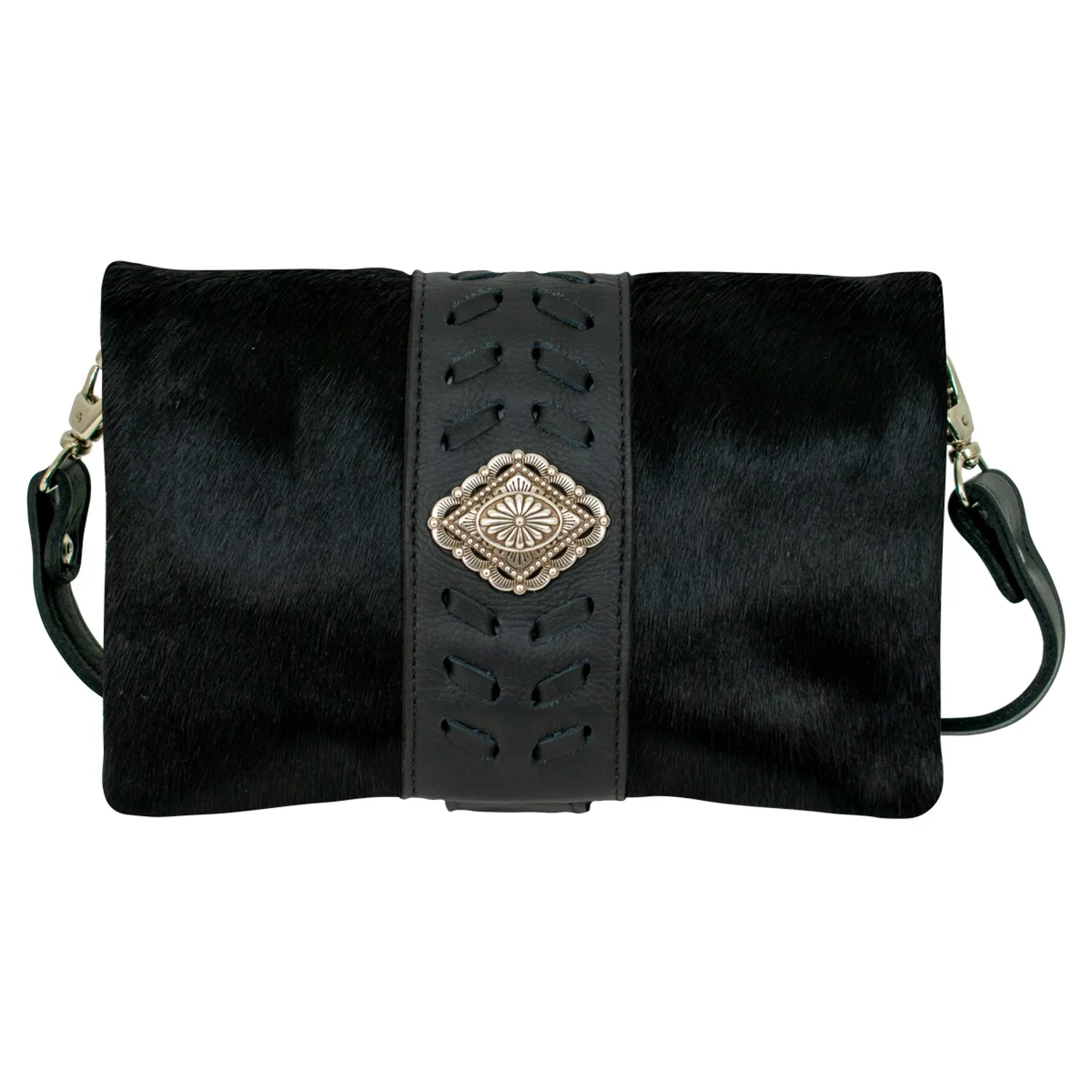 American West Womens Large Grab and Go Black Hair-On Leather Crossbody Bag