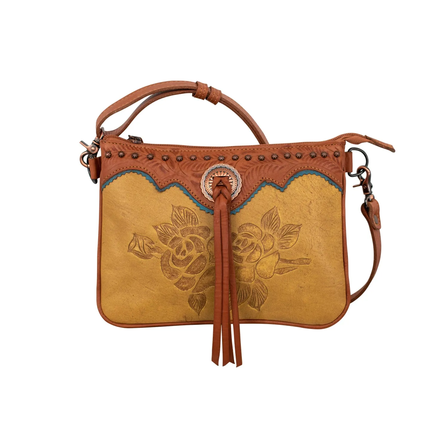 American West Womens Texas Rose Natural Tan Leather Crossbody Bag