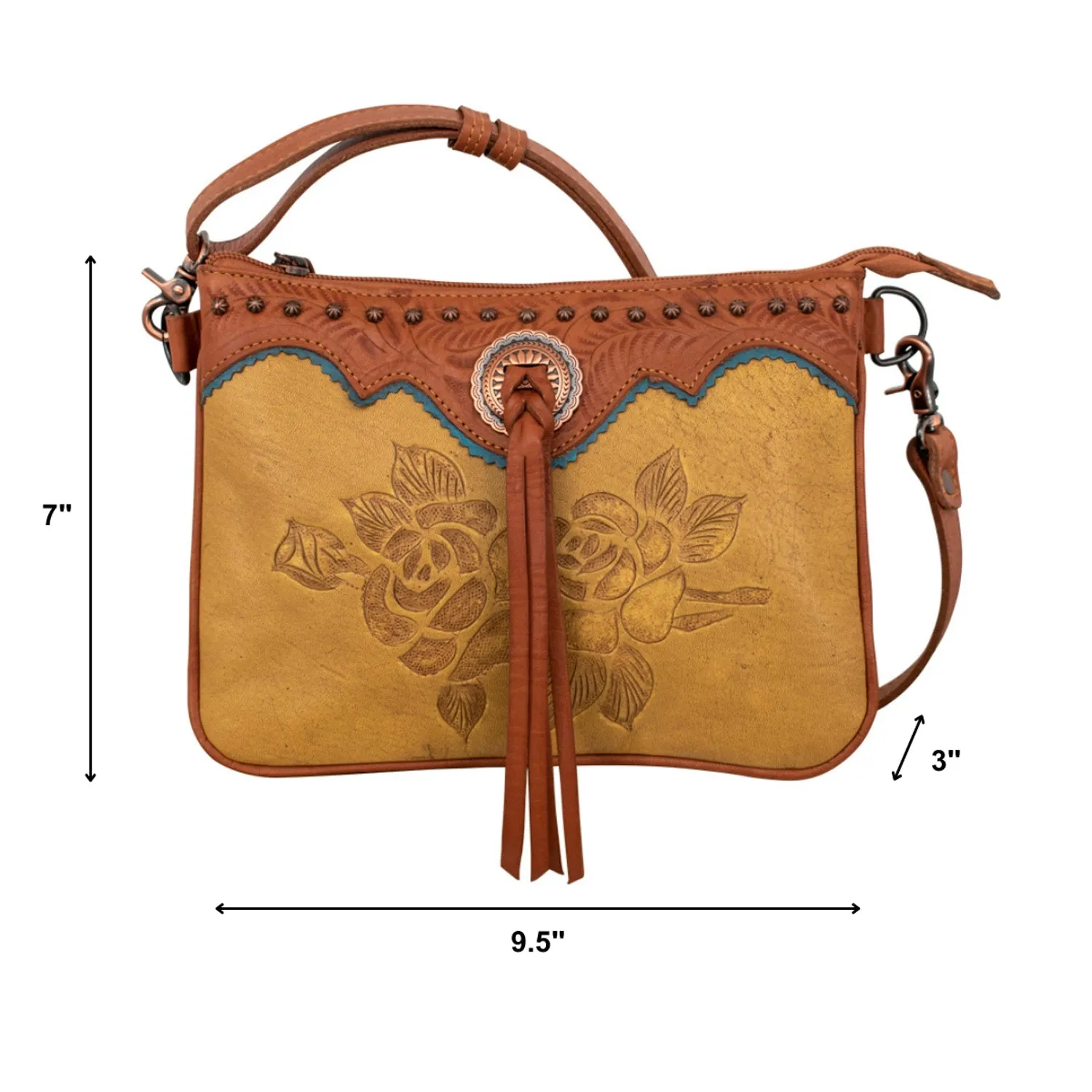 American West Womens Texas Rose Natural Tan Leather Crossbody Bag