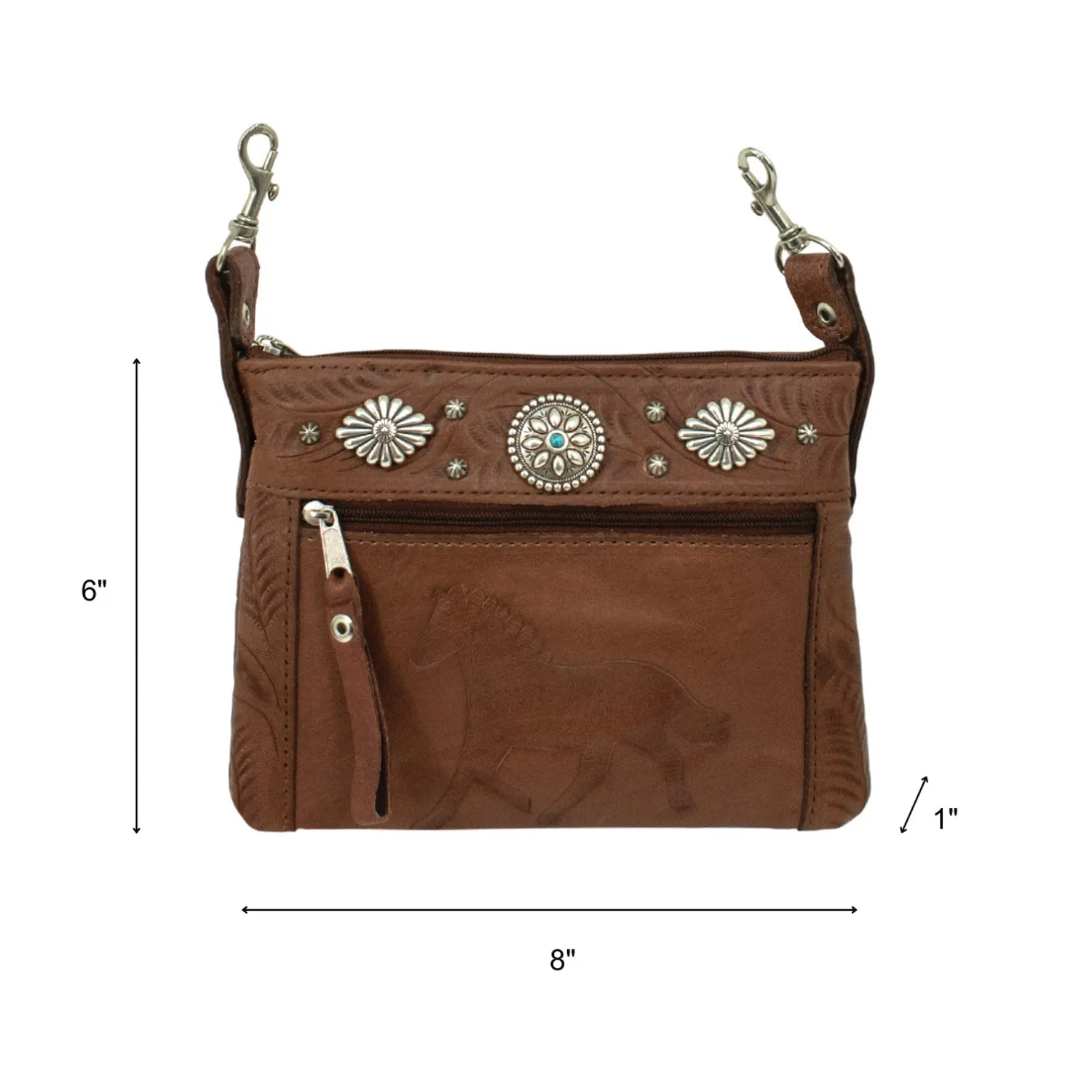 American West Womens Trail Rider 8in Medium Brown Leather Crossbody Bag