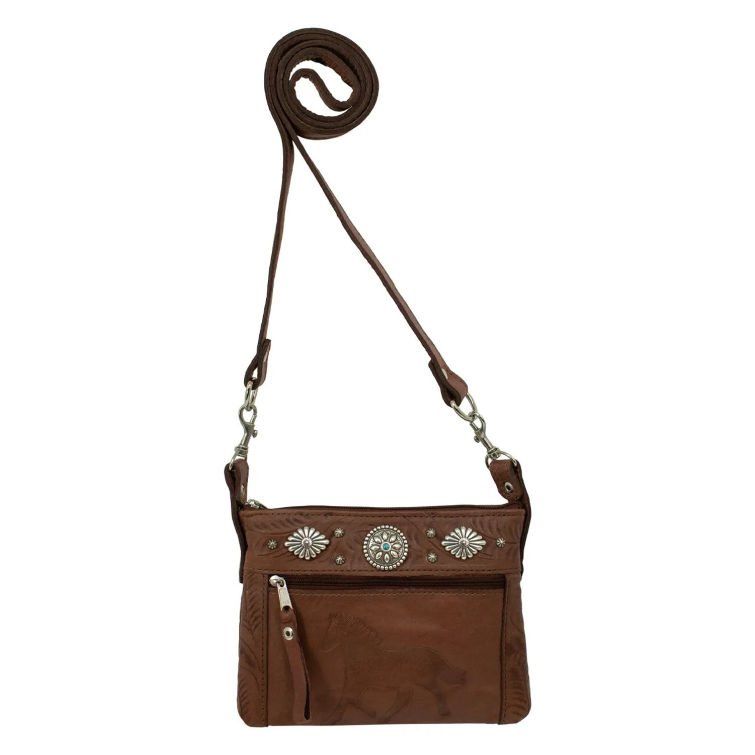 American West Womens Trail Rider 8in Medium Brown Leather Crossbody Bag