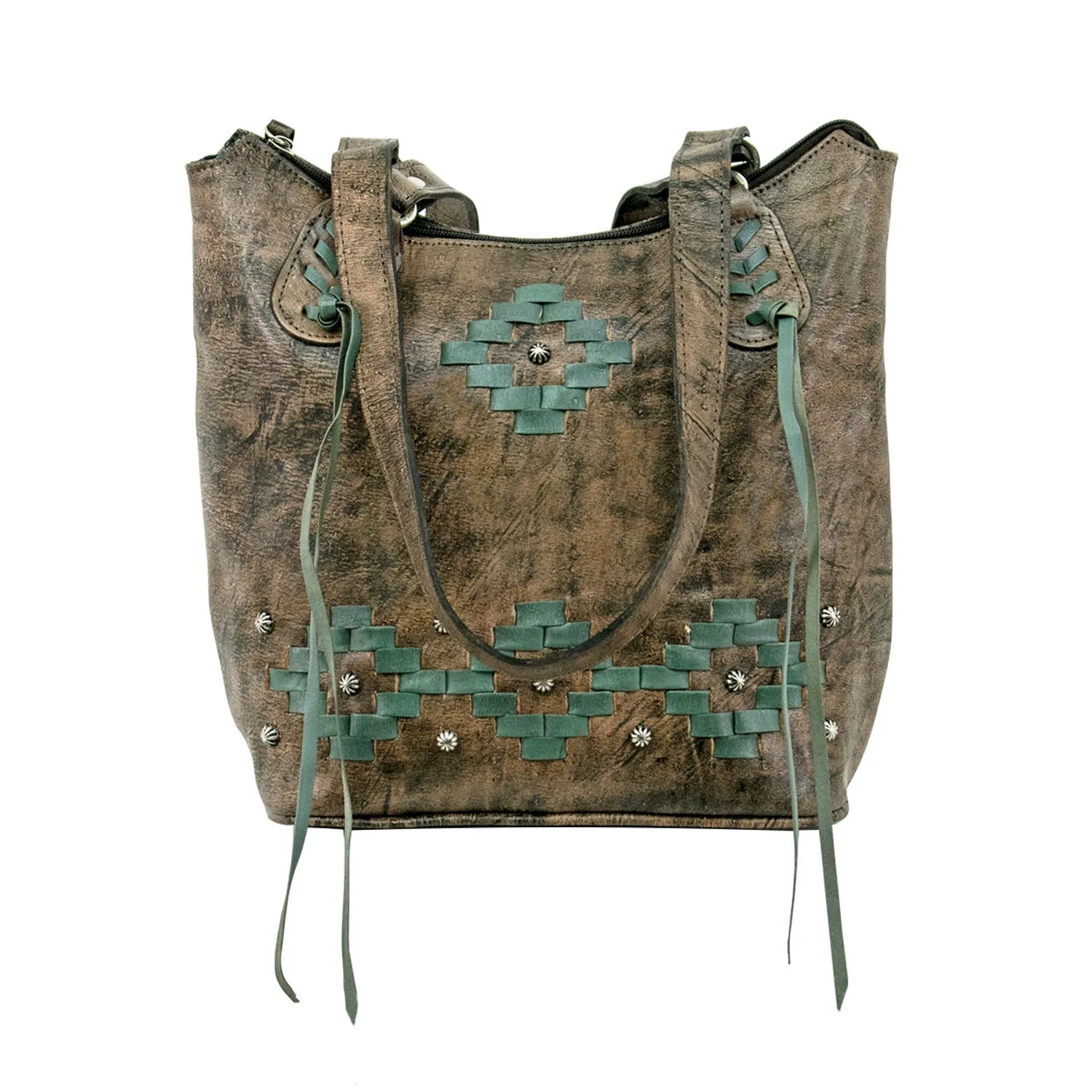 American West Womens Tribal Weave Distressed Charcoal Brown Leather Handbag Bag