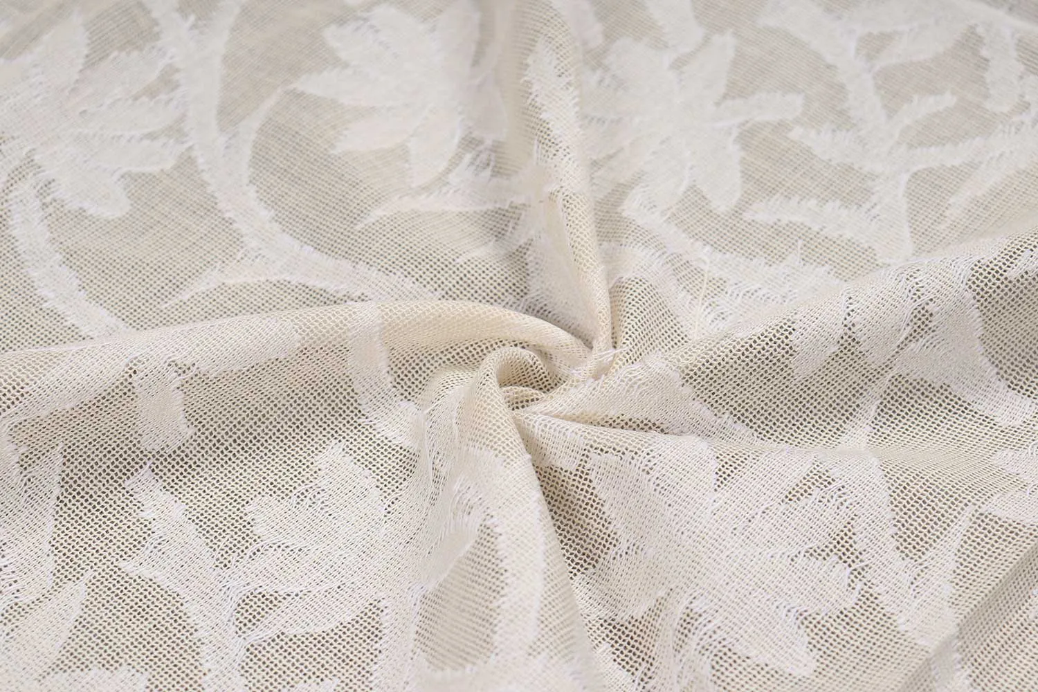 Beige & White Floral Cotton Cutwork Jacquard Fabric