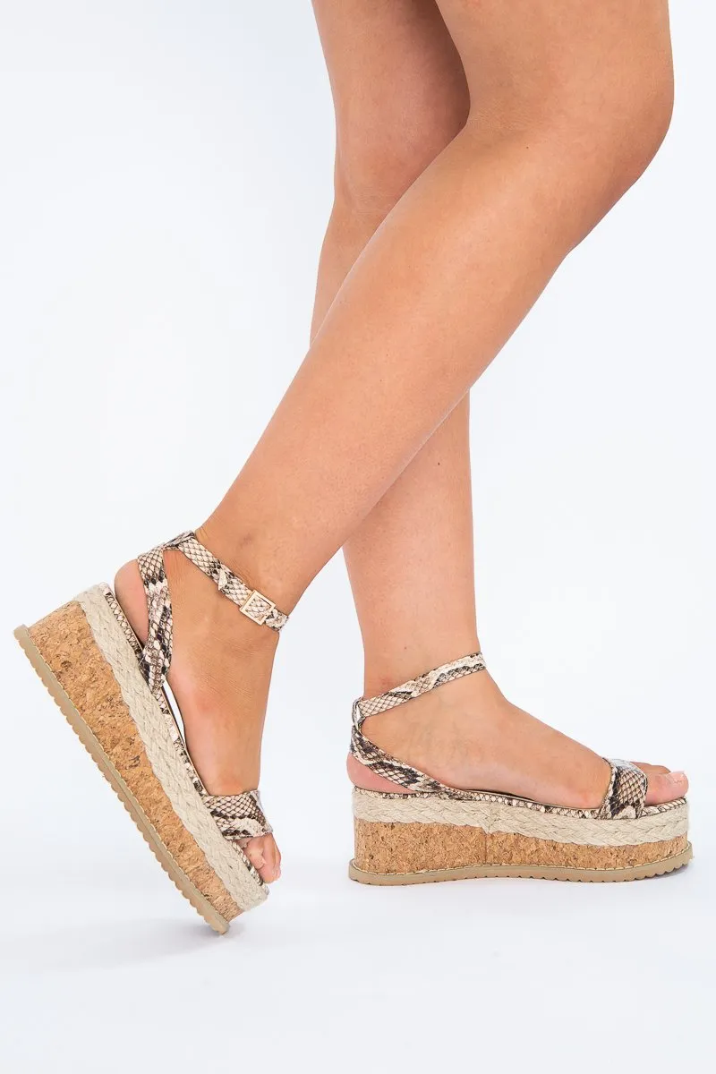 Beige Snake Strappy Platform Wedges - Bambi