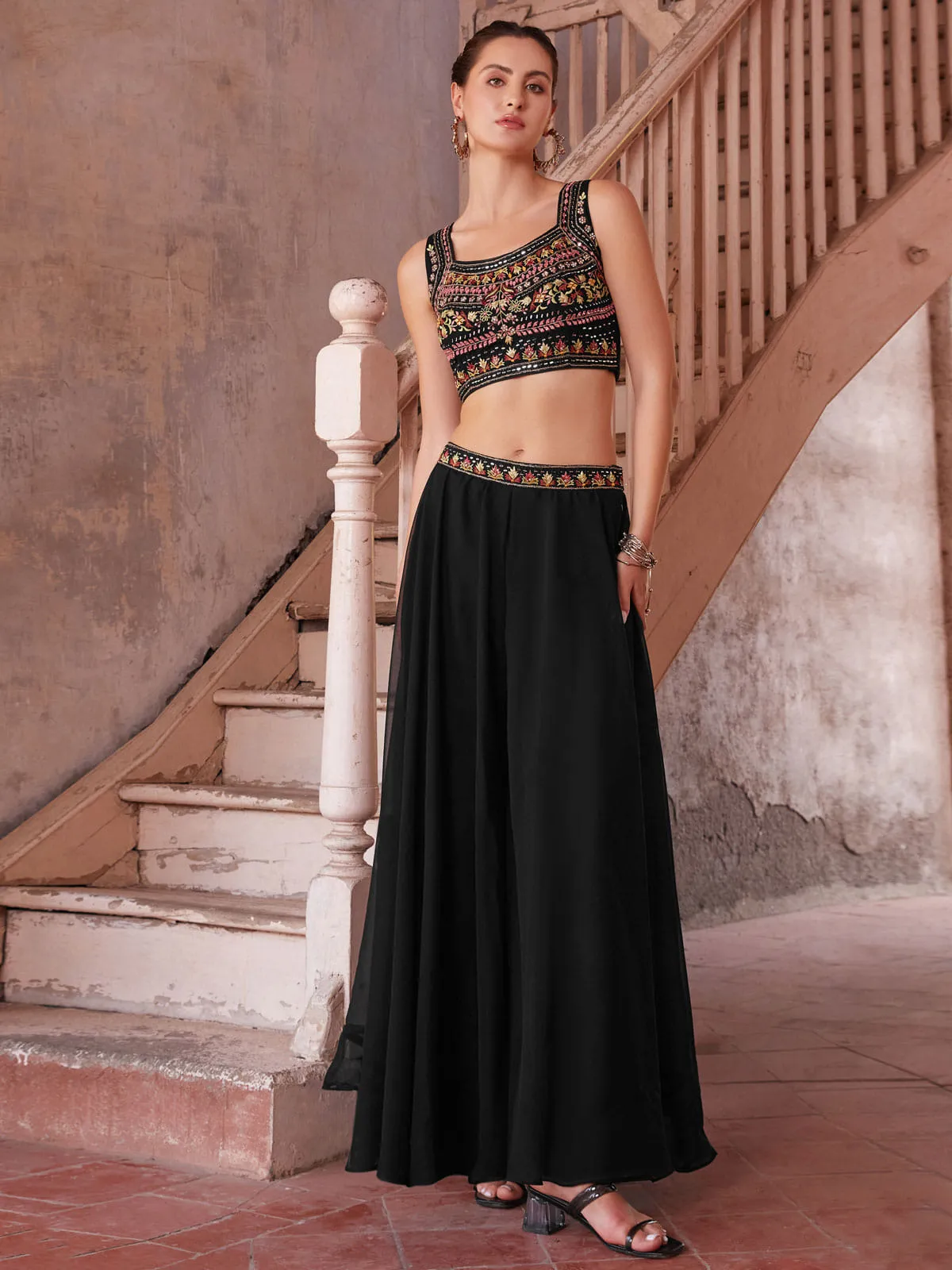 Black Designer Crop Top Style Sharara Suit